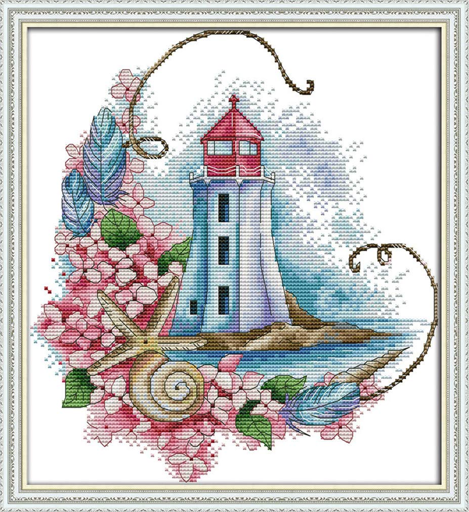 YEESAM ART Cross Stitch Kits Stamped for Adults Beginner Kids, Lighthouse Starfish Pink Flowers 11CT 36×39cm DIY Embroidery Needlework Kit with Patterns Needlepoint Christmas (Pink)