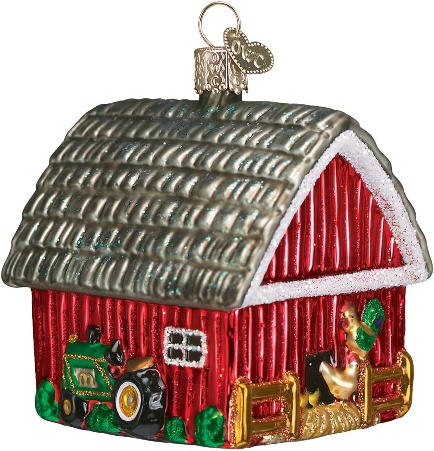 Old World Christmas Barn with Farm Animals Glass Blown Ornament for Christmas Tree, Handcrafted Holiday Decoration, Farm Animal Collection