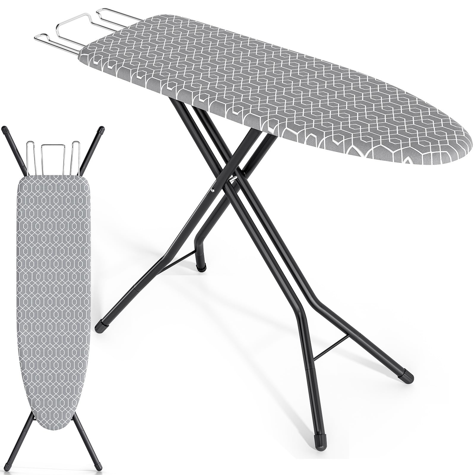 KINGRACK Standard Size Ironing Board, Folding Full Size Ironing Board, Iron Boards with Iron Rest & Adjustable Height,Heavy Duty Iron Table with Metal Legs & Thick Cover, 33 x 110 cm, Grey