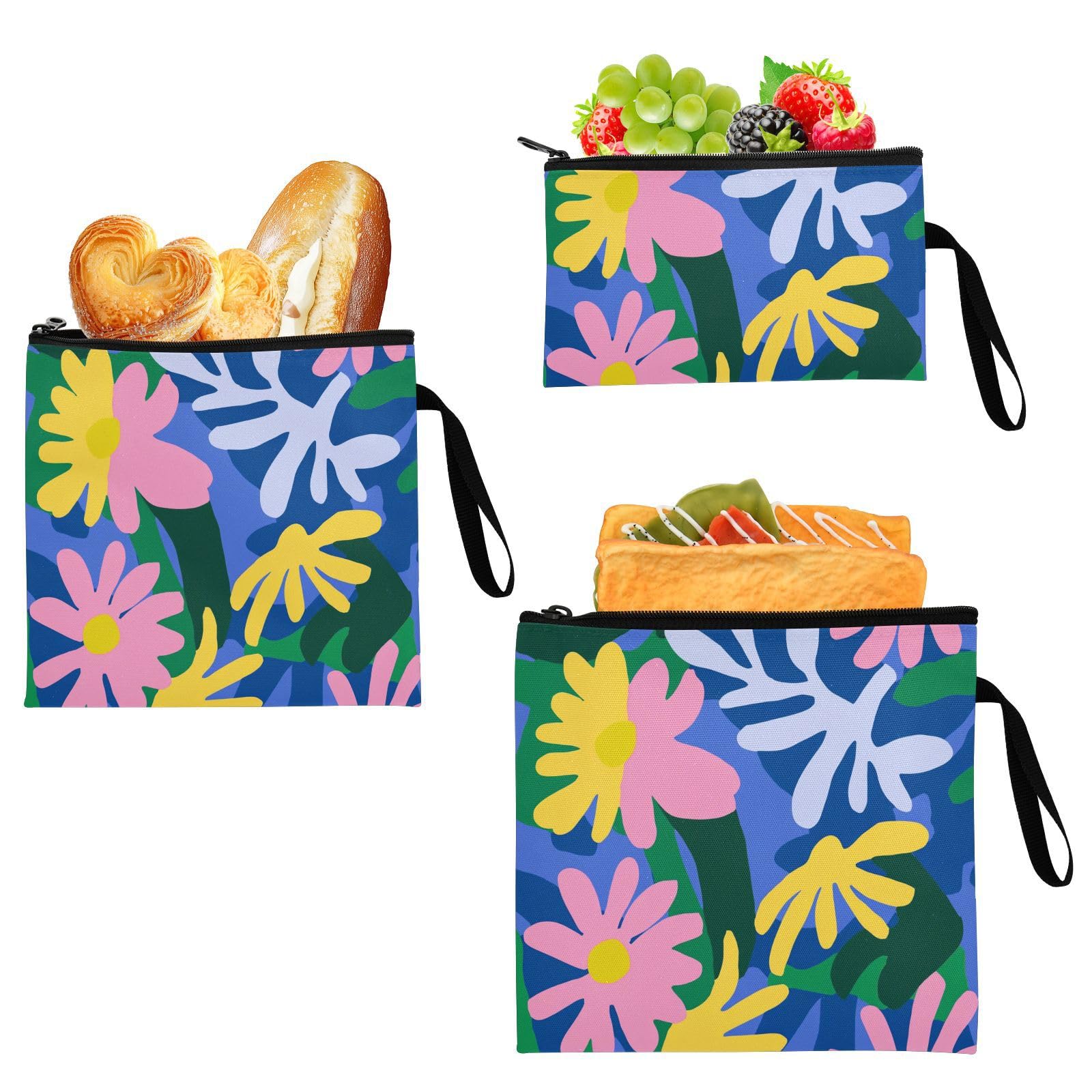 Vivid Color Blooms 3 Pcs Reusable Zipper Snack Bags Waterproof Food bags for Candy, fruits, Cereal, Home Organization
