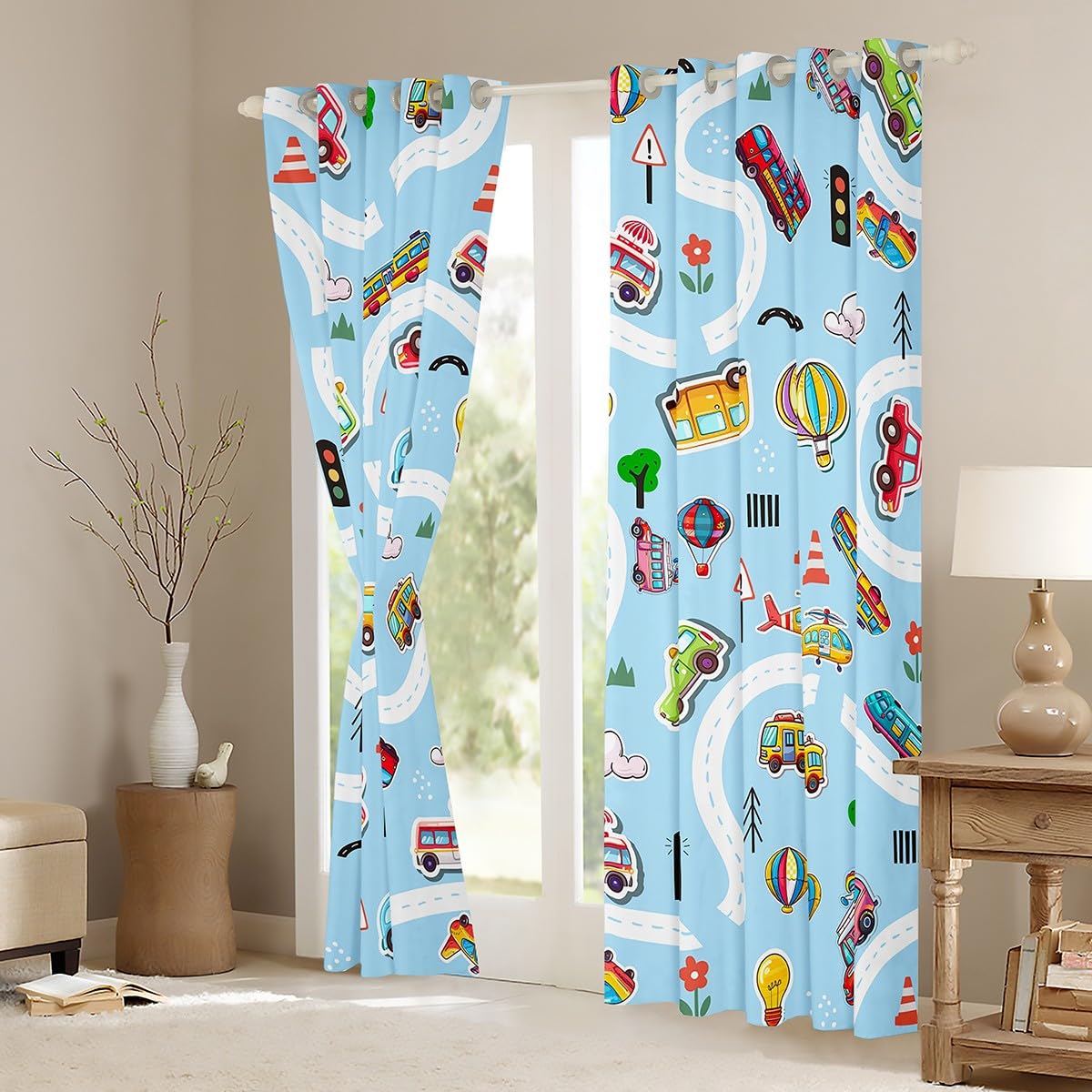Homemissing Kids Curtains (2 Panels,W66*L90) for Bedroom Living Room Boys Girls Cartoon Car 30%-50% Room Darkening Blackout Curtain Blue Reversible Window Treatments Vehicle Bedding Room Decor - Image 3