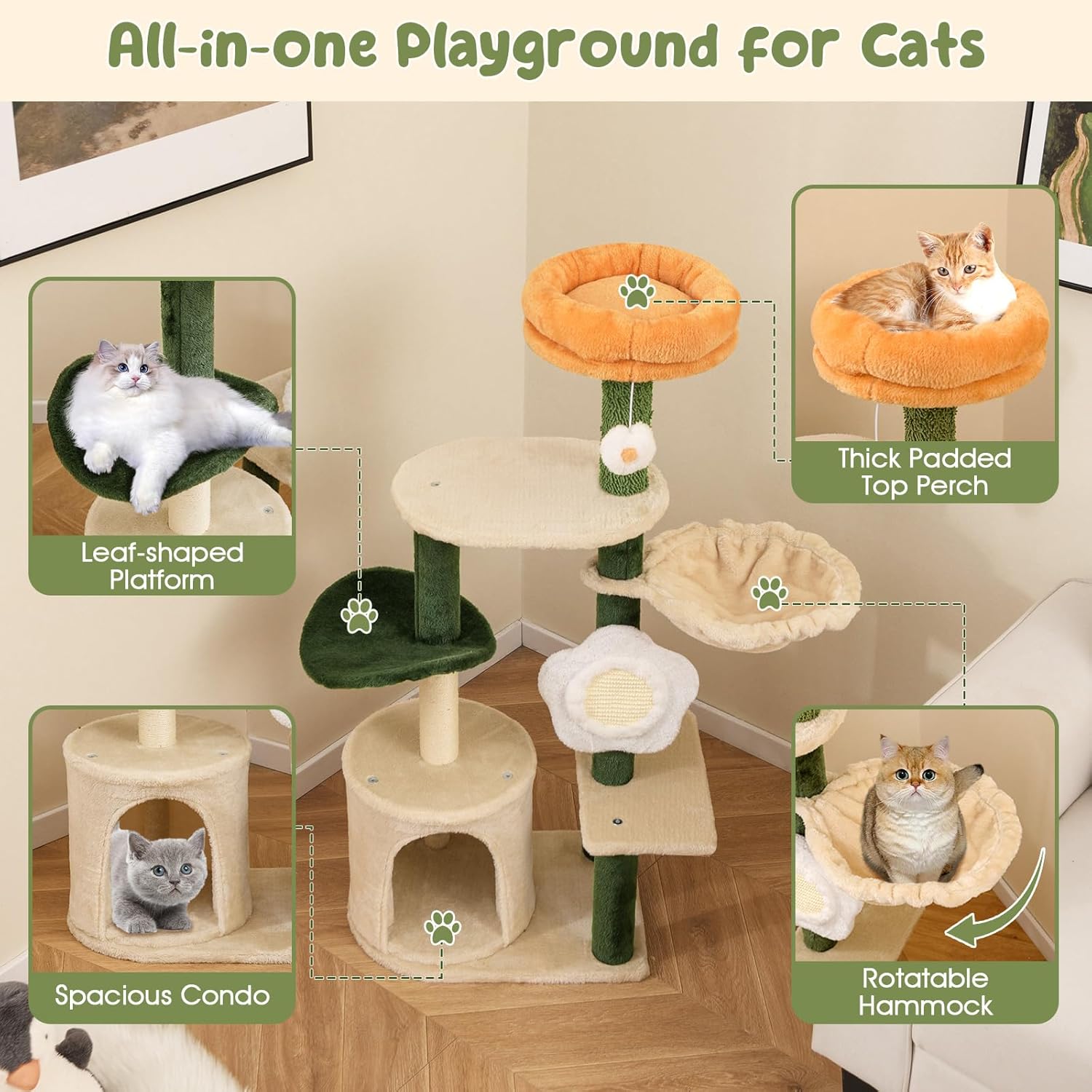 Tangkula Flower Cat Tree, Cute Cat Tower with Plush Top Perch, Cozy Condo, Sisal Scratching Post & Board, Dangling Ball, Curved Platform, Hammock, Floral Cat Tree for Indoor Cats