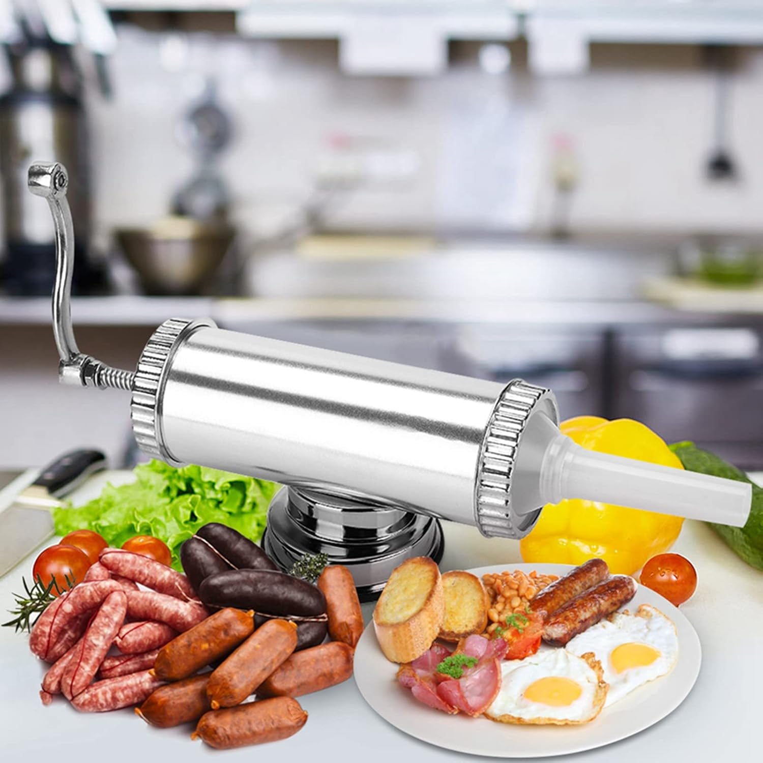 2 LB Aluminum Alloy Sausage Stuffer Maker, Meat Filler Kit for Home Use, Durable Manual Sausage Stuffer with 3 Nozzles and Non - Slip Base for Fresh Homemade Sausages