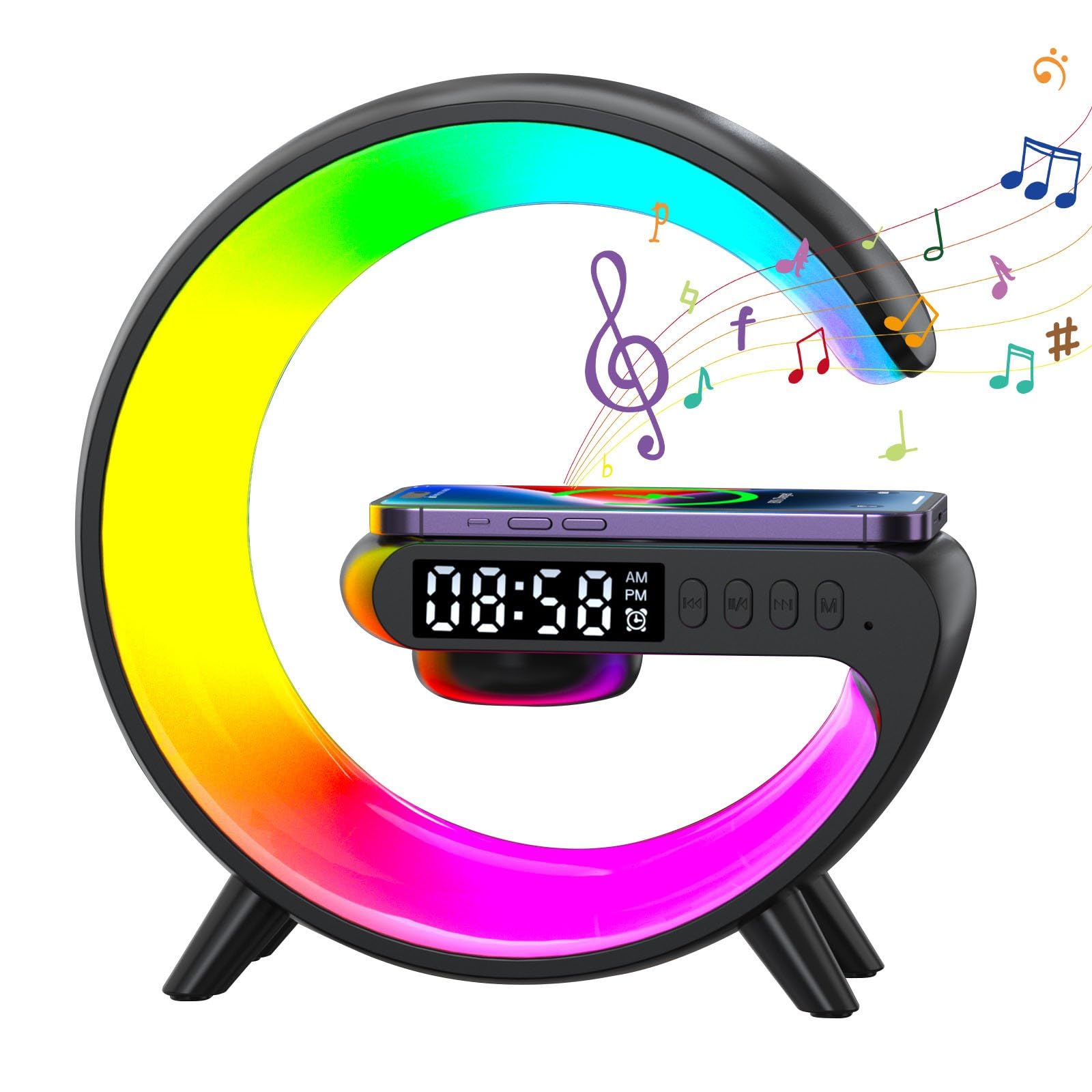 Ysinobear Black G Shaped Wireless Charger,G-Shaped Bedside Lamp,Wireless Charging Station With Bluetooth Speaker, Rgb Dimmable Atmosphere Lamp Light, Bedside Lamp With Alarm Clock & Charging Function,Gifts (Black)