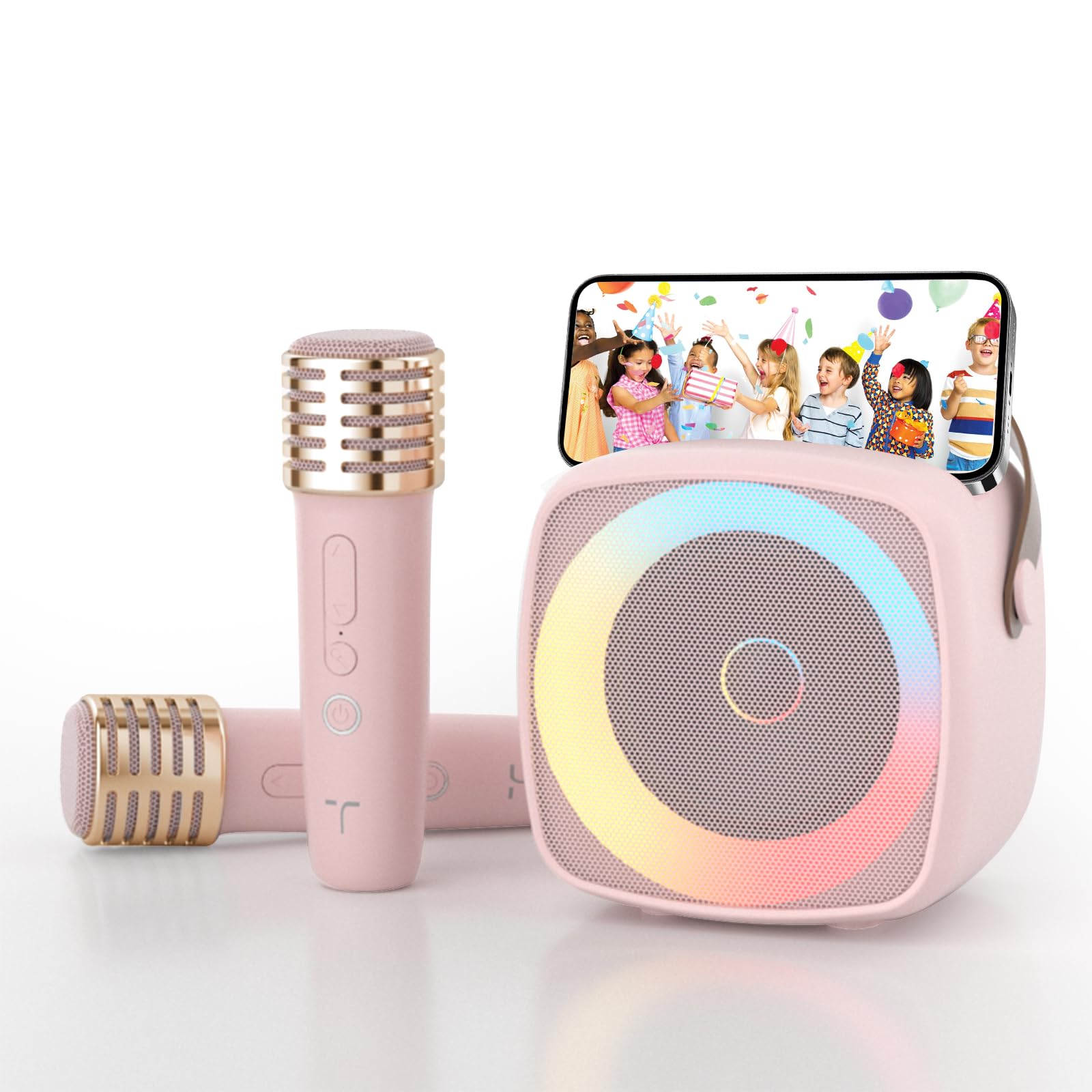 Machine Karaoké 2 Microphones pour Garçons Filles, Enfants Adultes Enceinte Bluetooth Portable avec Support Téléphone, Enceinte avec Lumières LED et Changer de Voix pour Fêtes à Domicile