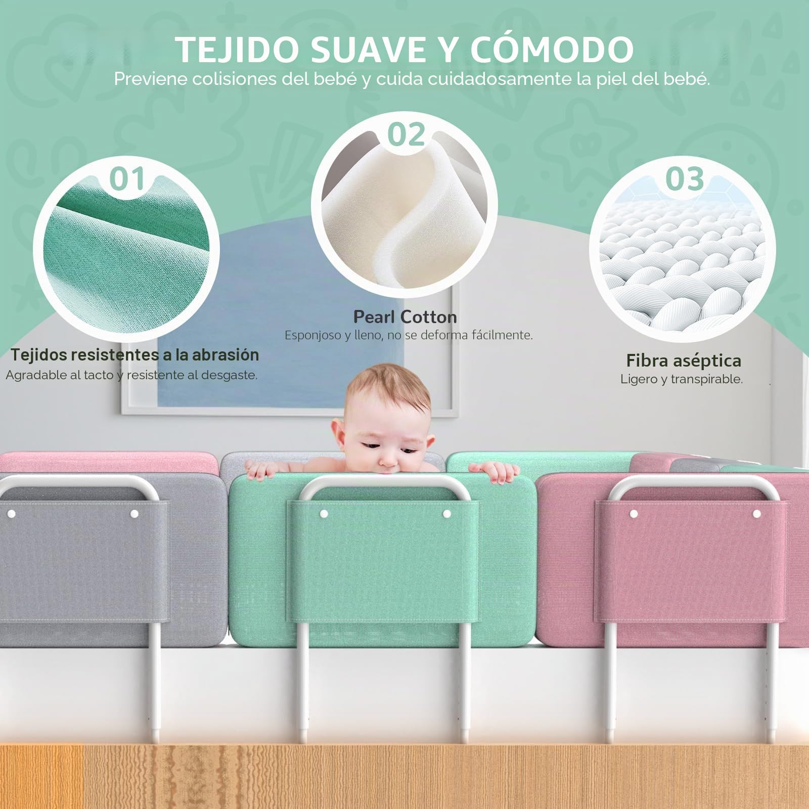 Barrera de Seguridad para niños – Barrera de Cama para niños con protección de Bordes, Seguridad para Cama Infantil, Altura Ajustable 40-60 cm, Desmontable, portátil, Verde, 60cm