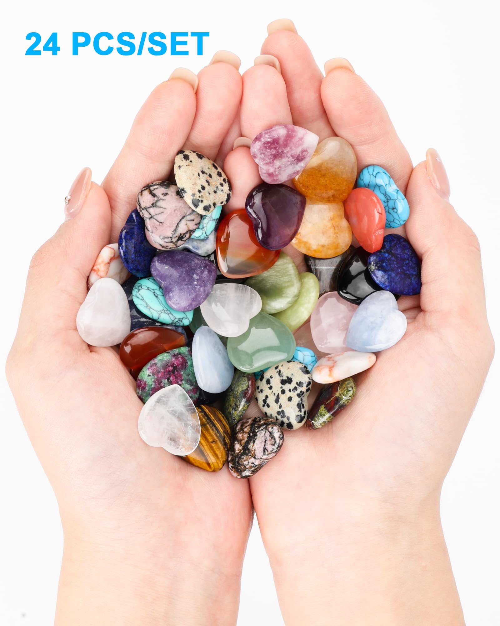 Cristales Curativos Naturales 24 Piezas - Chakras Piedras Naturales Energéticas de Corazón - Set de Chakras Piedras para Meditación, Reiki y Alivio del Estrés - Regalo de San Valentín para Parej