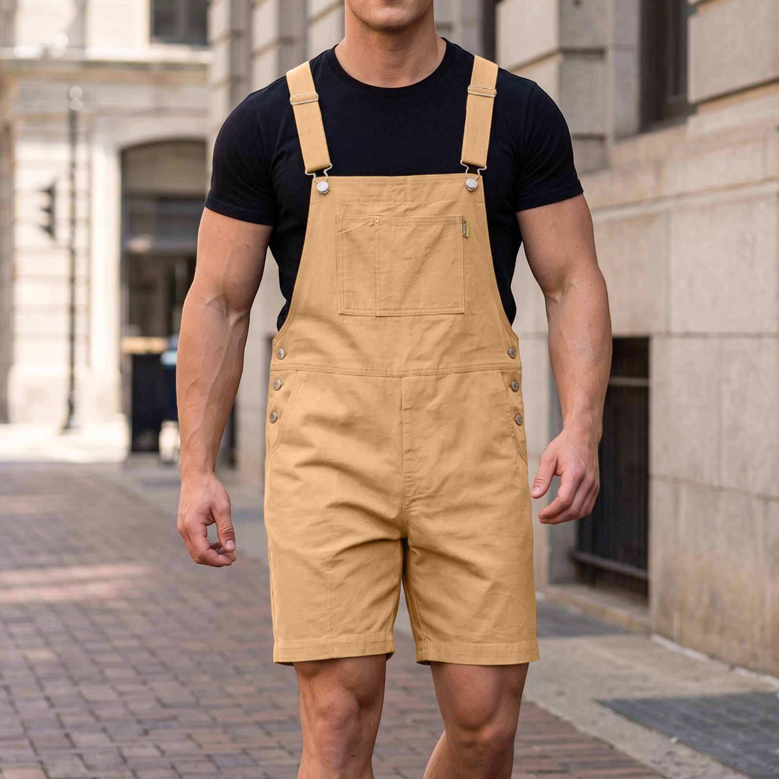 Peto corto para hombre de trabajo, mono de denim resistente, holgado, corte grande, con muchos bolsillos cargo, tirantes ajustables, aspecto retro para verano, taller, tiempo libre