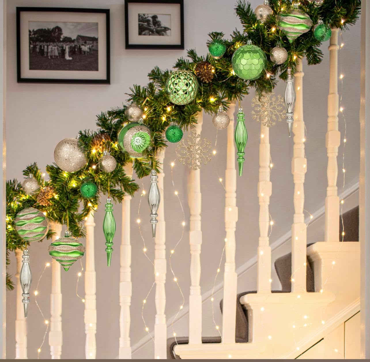 Hollyone Green and Champagne Christmas Balls Ornaments Set, 50pcs Large Glitter Shatterproof Christmas Snowflakes Ornaments Bulk Decoration Hanging Ball for Xmas Tree Wreath Garland Wedding Home Decor - Image 3