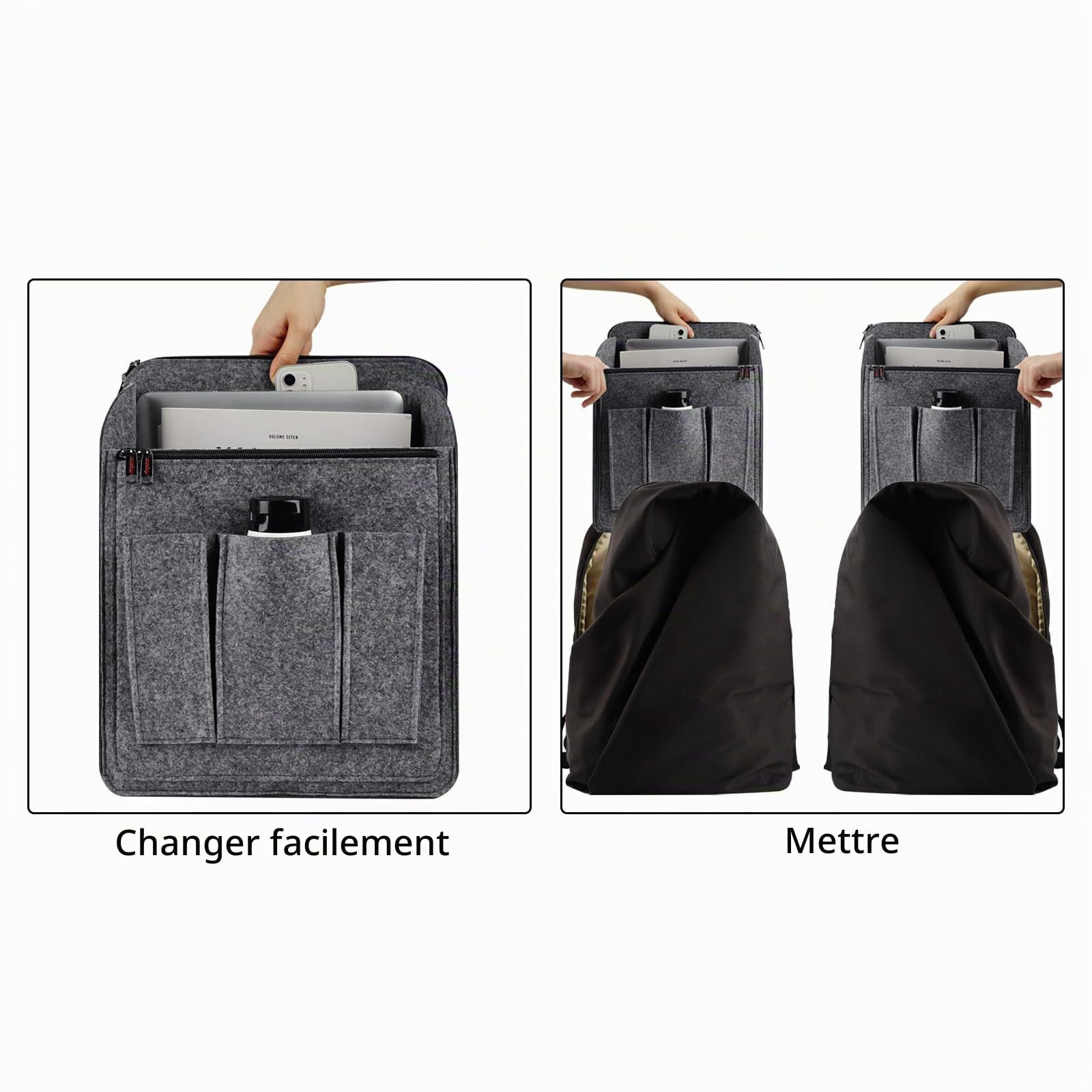Organiseur de sac à dos de grande capacité – Insert de rangement en feutre pour sacs à dos, sacs à dos et sacs de voyage de 25,4 cm + | Design vertical avec fente pour bandoulière et poche