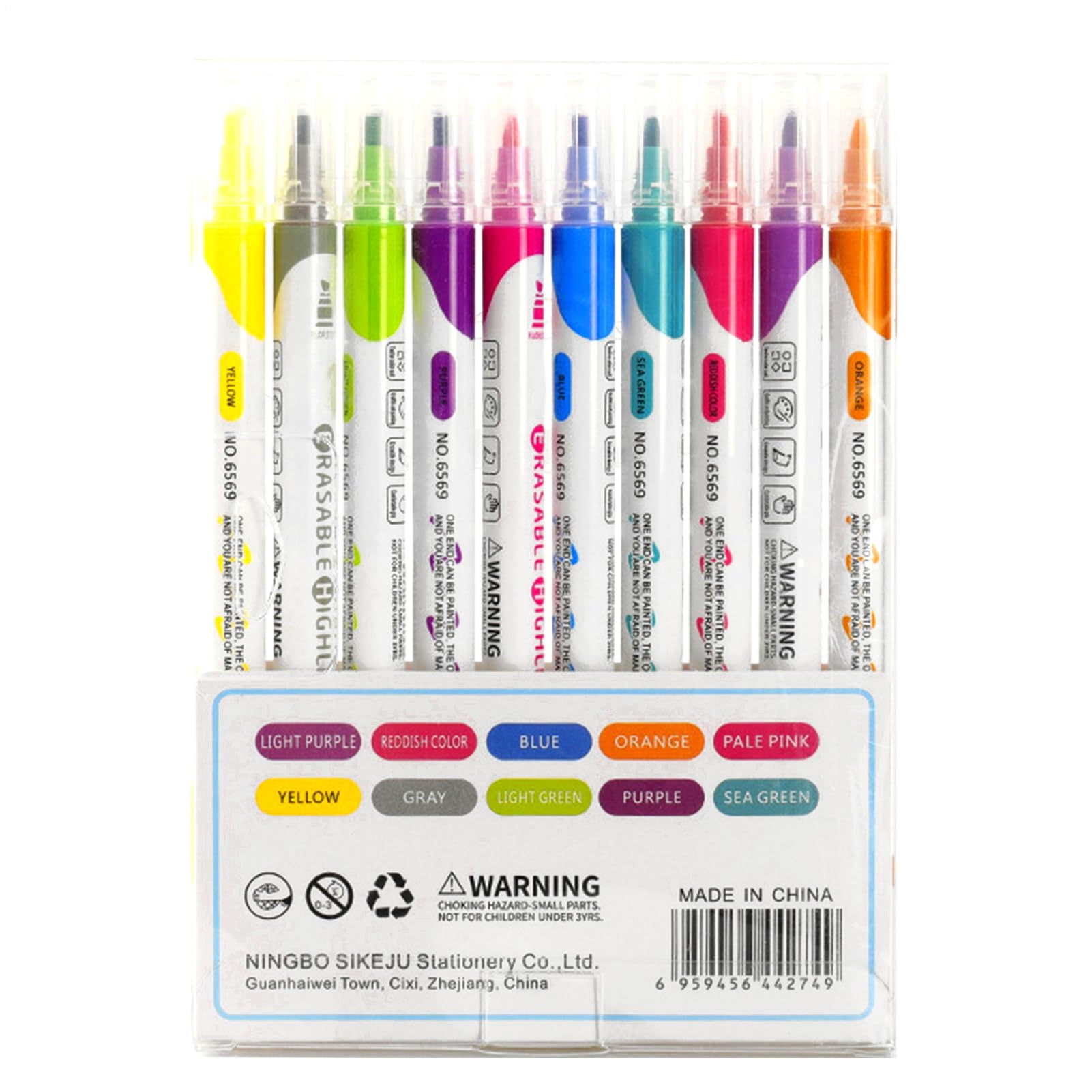 Stylo surligneur effaçable à double pointe biseautée et 10 encres assorties