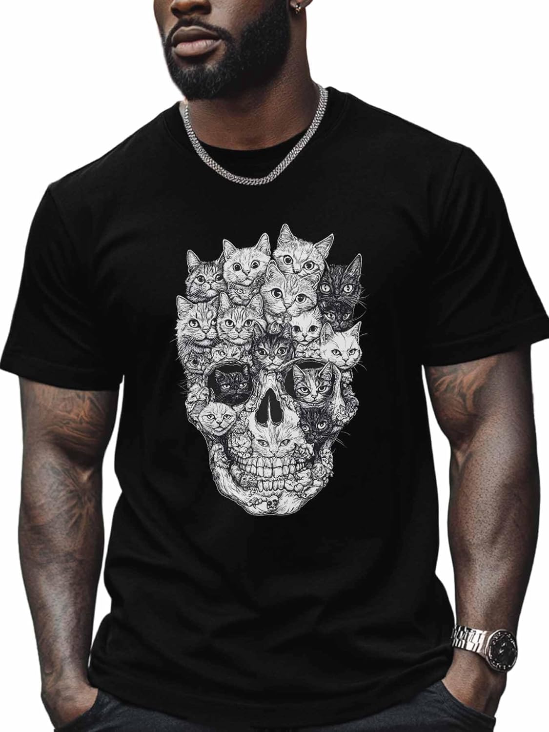 Men's T-Shirts Skull Head with Cats Crew Neck Short Sleeve Graphic Tees