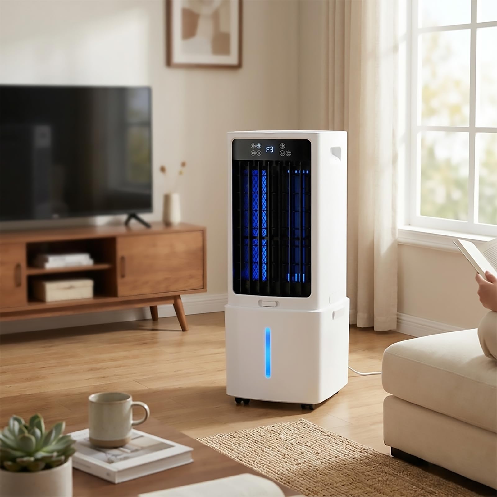 Piccolo Condizionatore Portatile Senza Tubo con Telecomando, Raffreddatore d’Aria 3 in 1, 3 velocità, 4 Ruote, Timer 12h e Confezioni di Ghiaccio, per Camera da Letto e Garage
