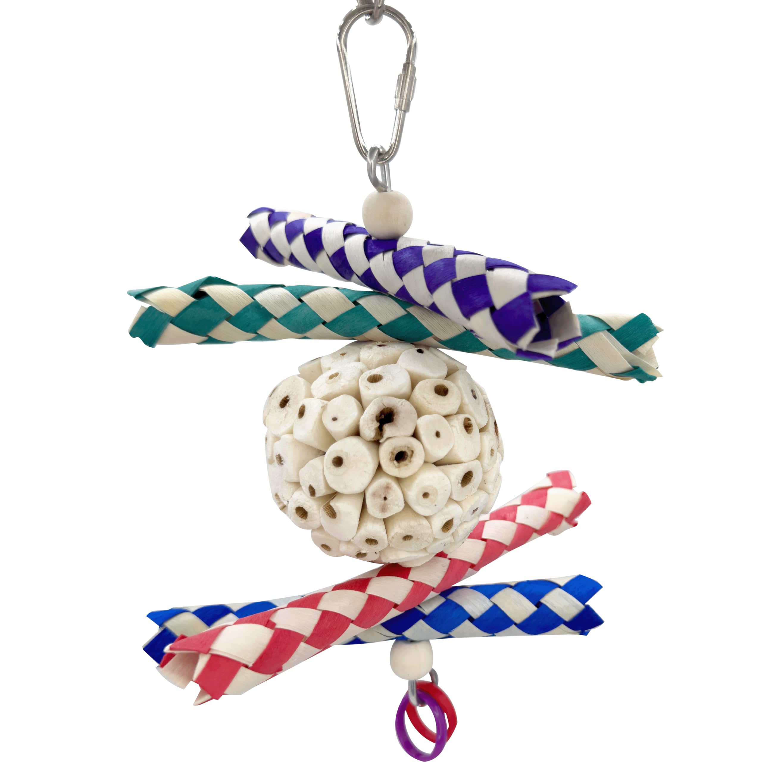 1981 Small Sola Trap Bird - Handcrafted with easy to shred parts, Natural sola wood ball, Colorful bamboo finger traps, Colorful rubber rings, Great for small size pets Budgie Finch Lovebird Cockatiel