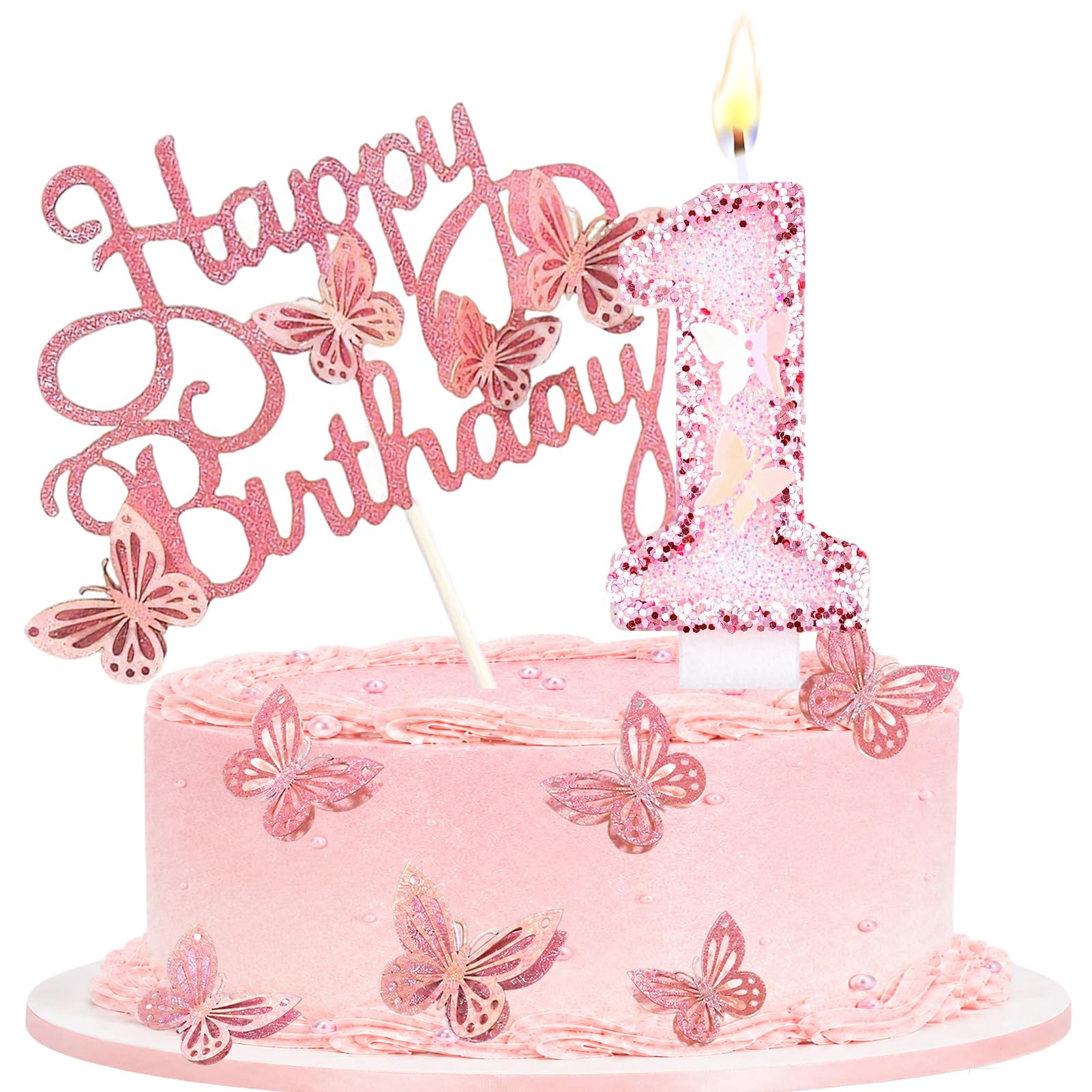 Birthday Candle with Pink Butterfly Cake Topper for Party, Number 1
