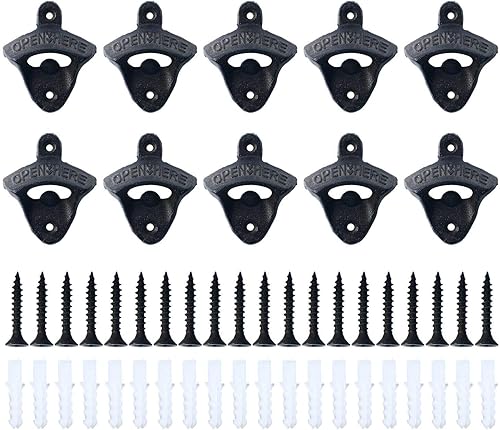 Abridores de botellas de hierro fundido, accesorios de montaje incluidos, barra rústica vintage (bloque de madera no incluido) (10)