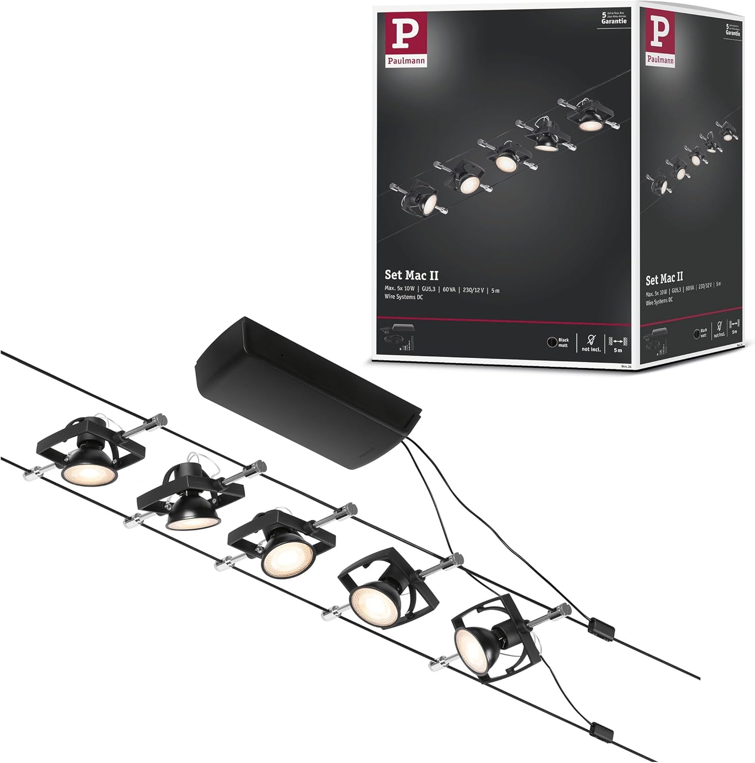 Paulmann Set Mac II Sistema de Cableado, Corduo, Corriente Continua, Máx. 5×10 W, Bombilla Tipo GU5,3, Sistema de Cableado, Bombilla No Incluida, Cable de Plástico, Color Cromado Mate, 94434