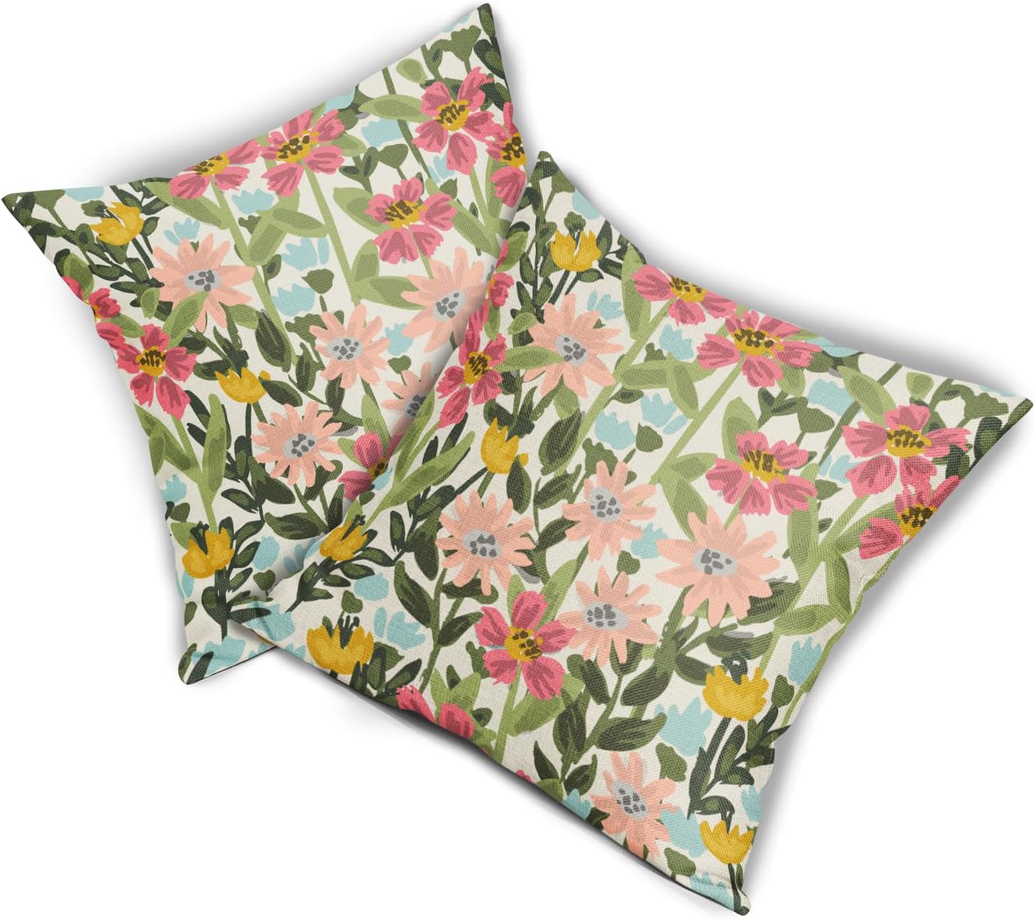 Floral Pillow Covers 24x24 Set of 2 Green Pink Spring Summer Flower Pattern Print Decorative Outdoor Pillowcases Seasonal Farmhouse Throw Cushion Case Couch Sofa Bed Decor