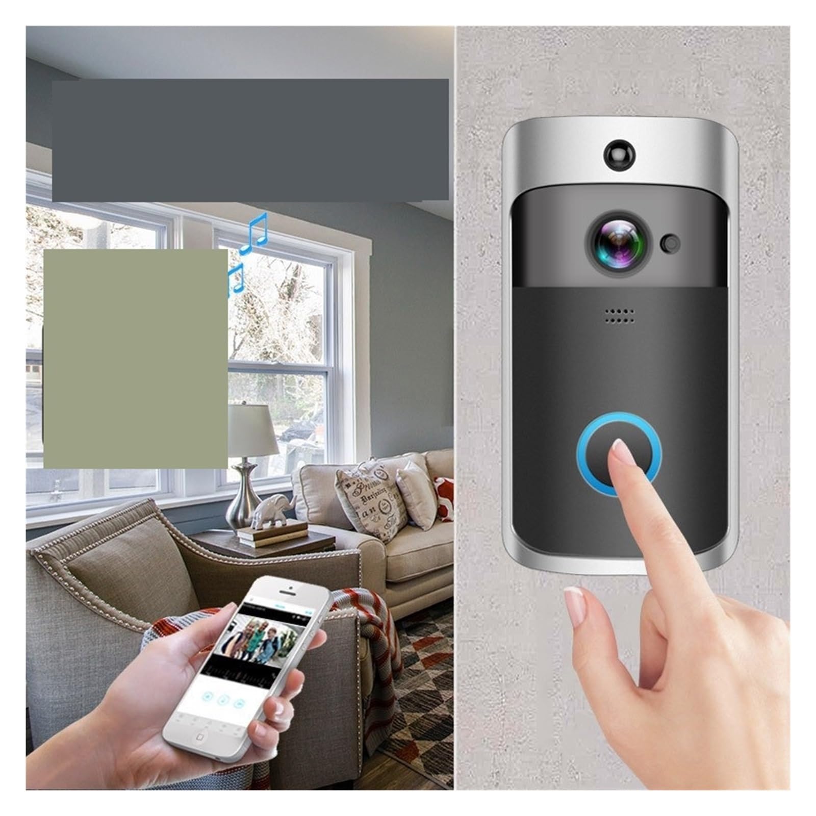 Domofon. Inteligentny wideodomofon WiFi z kamerą noktowizyjną SmartSensor do drzwi i okien, aplikacja SmartCamera ze sterowaniem głosowym ​​.Wideodomofon(Black)