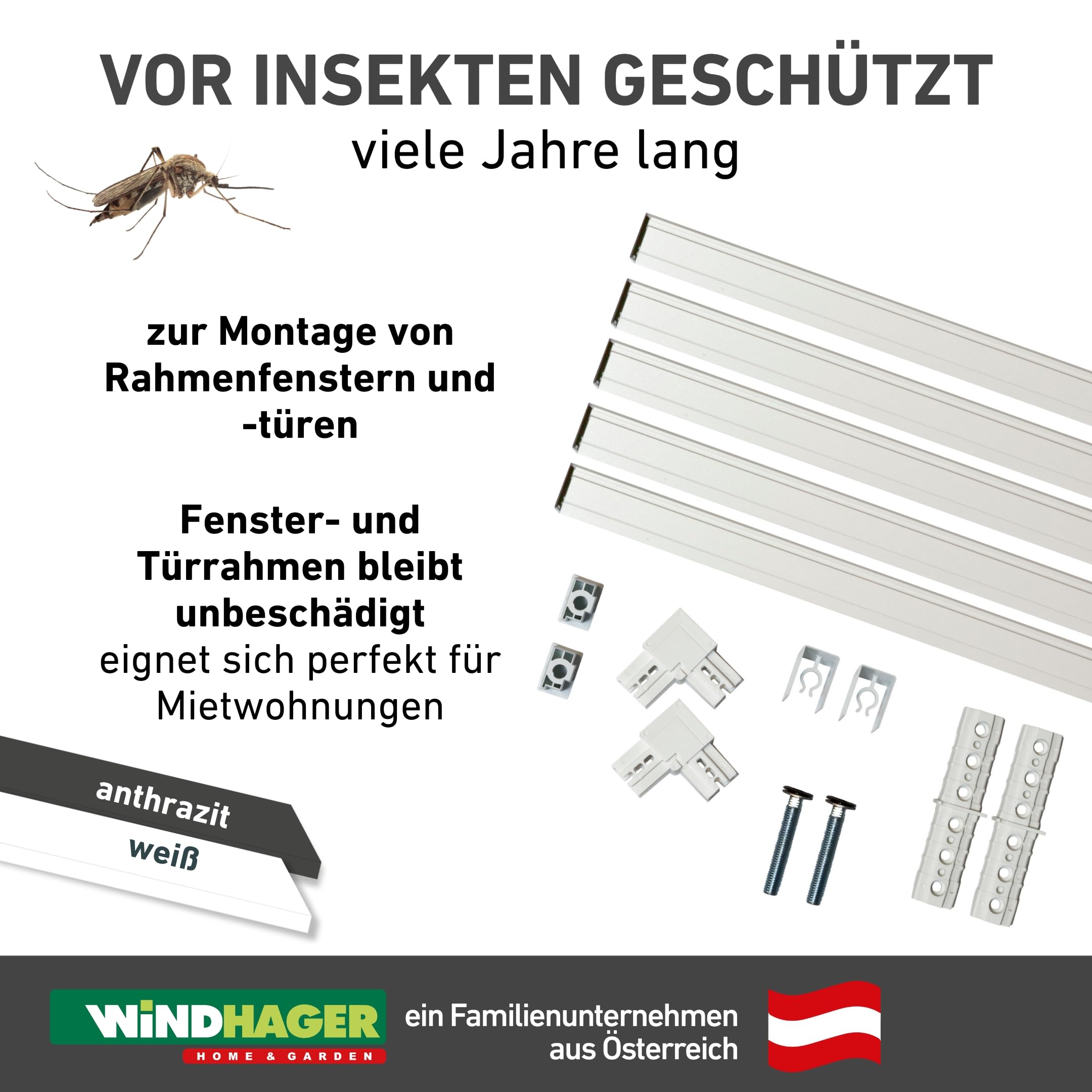 Windhager Insektenschutz Montagerahmen Premium bohrfrei Insektenschutzrahmen Fenster Türen montieren, individuell kürzbar, 125 x 245cm, anthrazit, 03857, anthrazit/grau