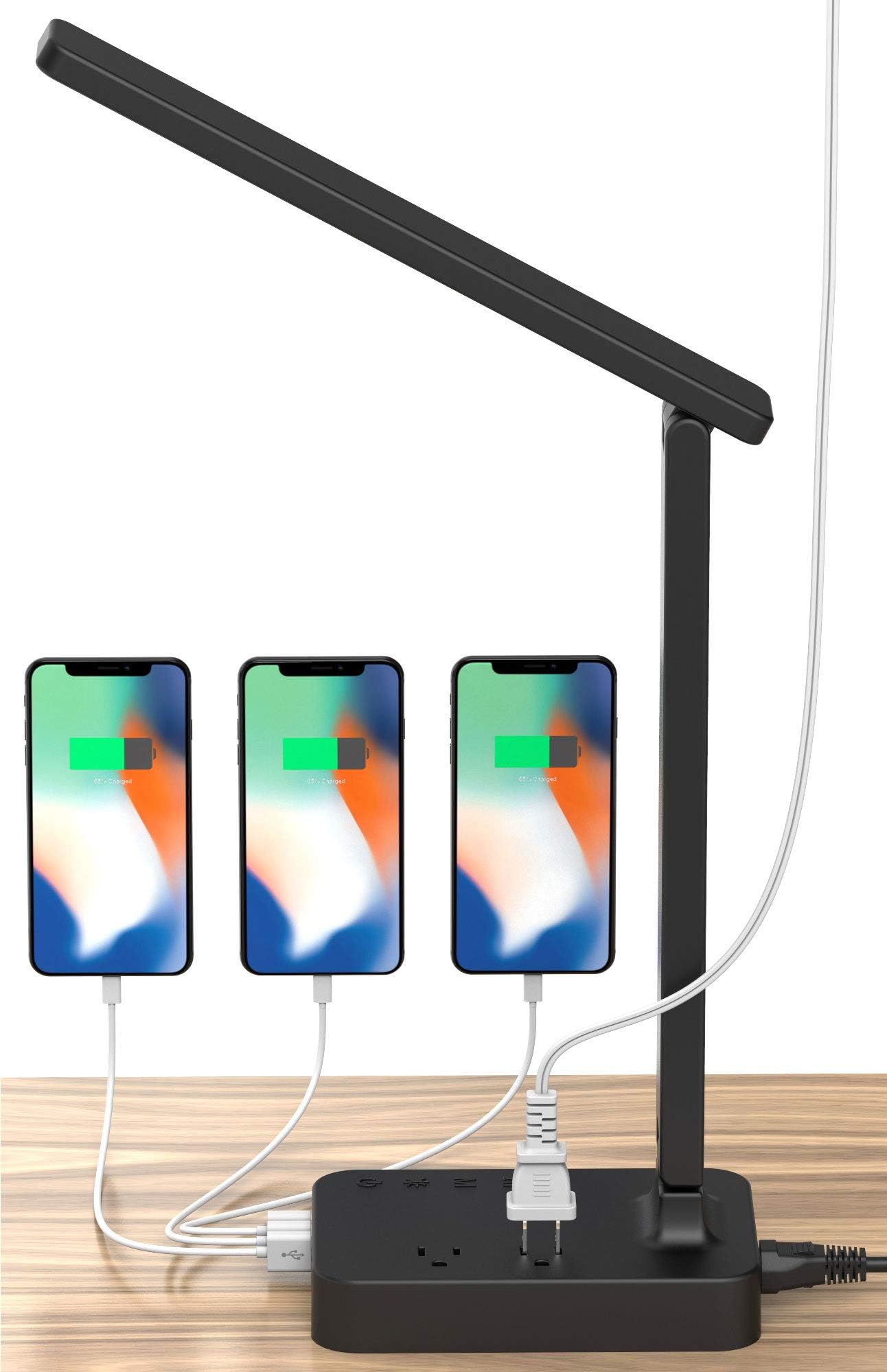 Drevet LED Desk Table Lamp with 3 USB Charging Port and 2 AC Power Outlet, 3 Color Model, 3 Level Brightness, Touch Dimmer Control,1h Timer, Memory Function,Eye-Caring Office Foldable Lamp,Night Light