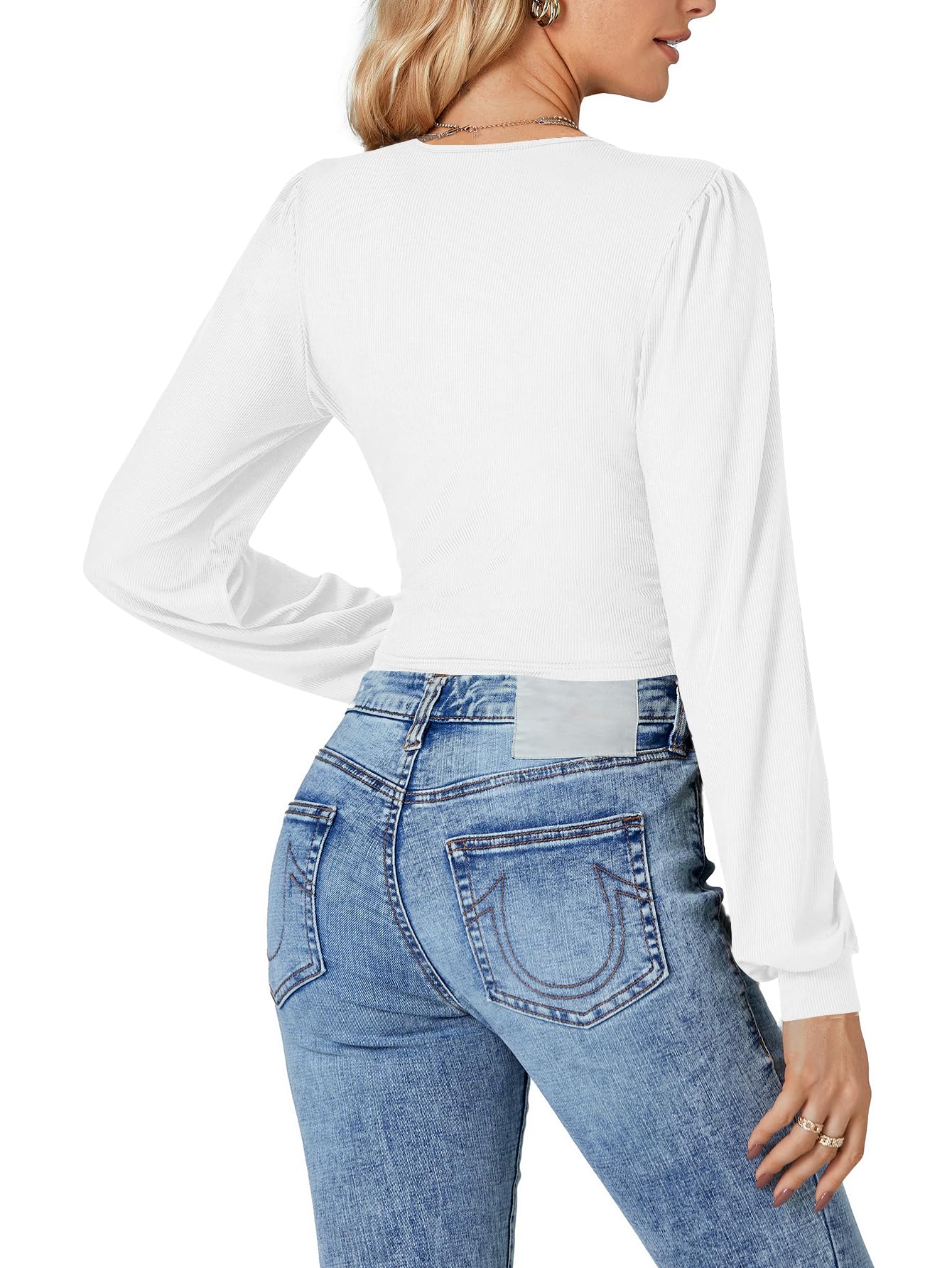 LYANER Women's Wrap V Neck Self Tie Knot Bishop Long Sleeve Ribbed Knit Crop Blouse T-Shirt Top