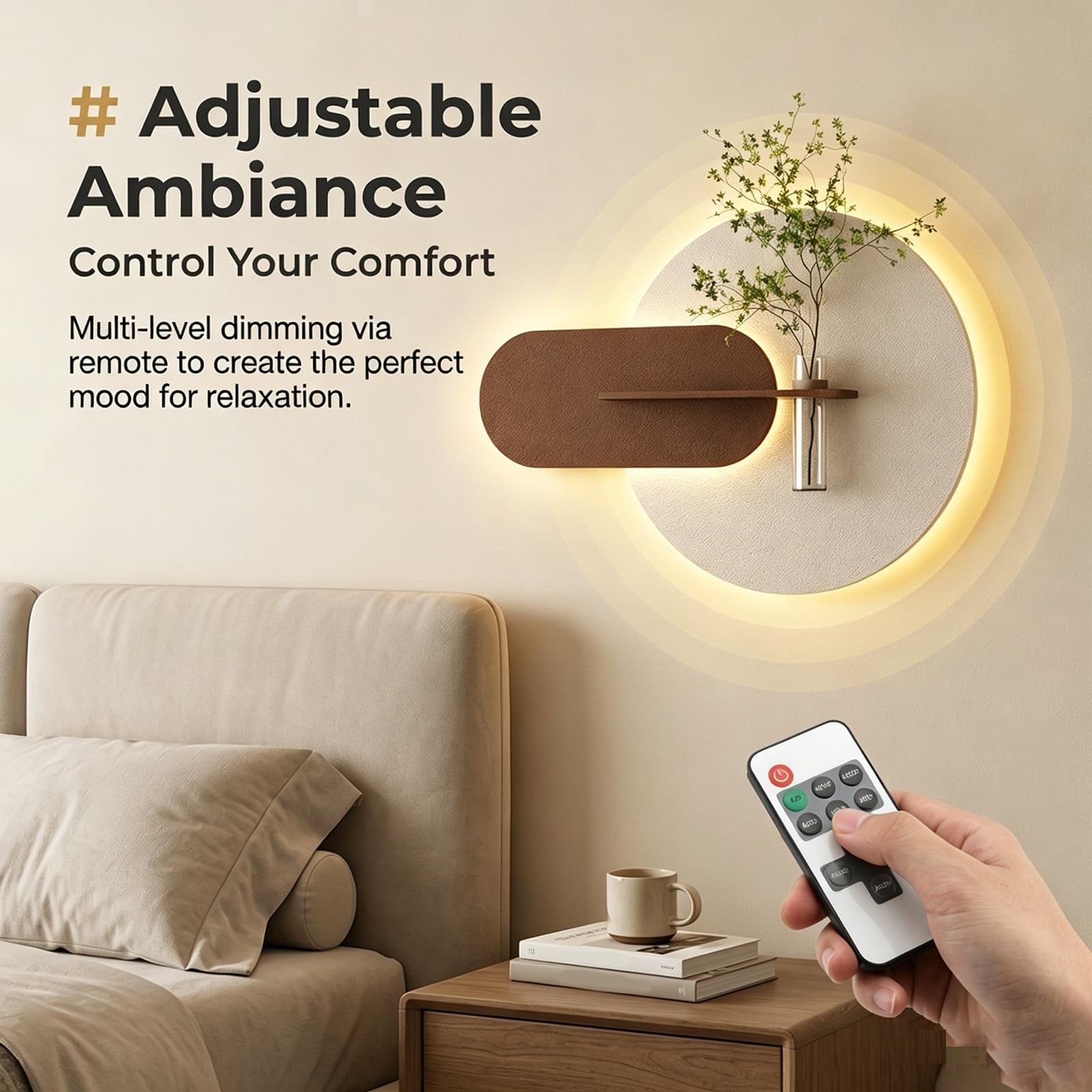 3D Wandbild Sandstein mit LED Beleuchtung, Wanddekoration Wohnzimmer | Strukturierter Sandstein, Indirektes LED-Licht, Inklusive Glasvase, Wanddekoration(A-LED+REMOTE,25.6in*19.7in)