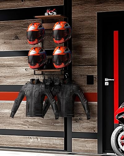 Miniatura 8 de Vieshful Soporte de pared para casco de motocicleta, organizador de casco con tablas de madera de 2 capas y 4 soportes para sombreros, colgador de