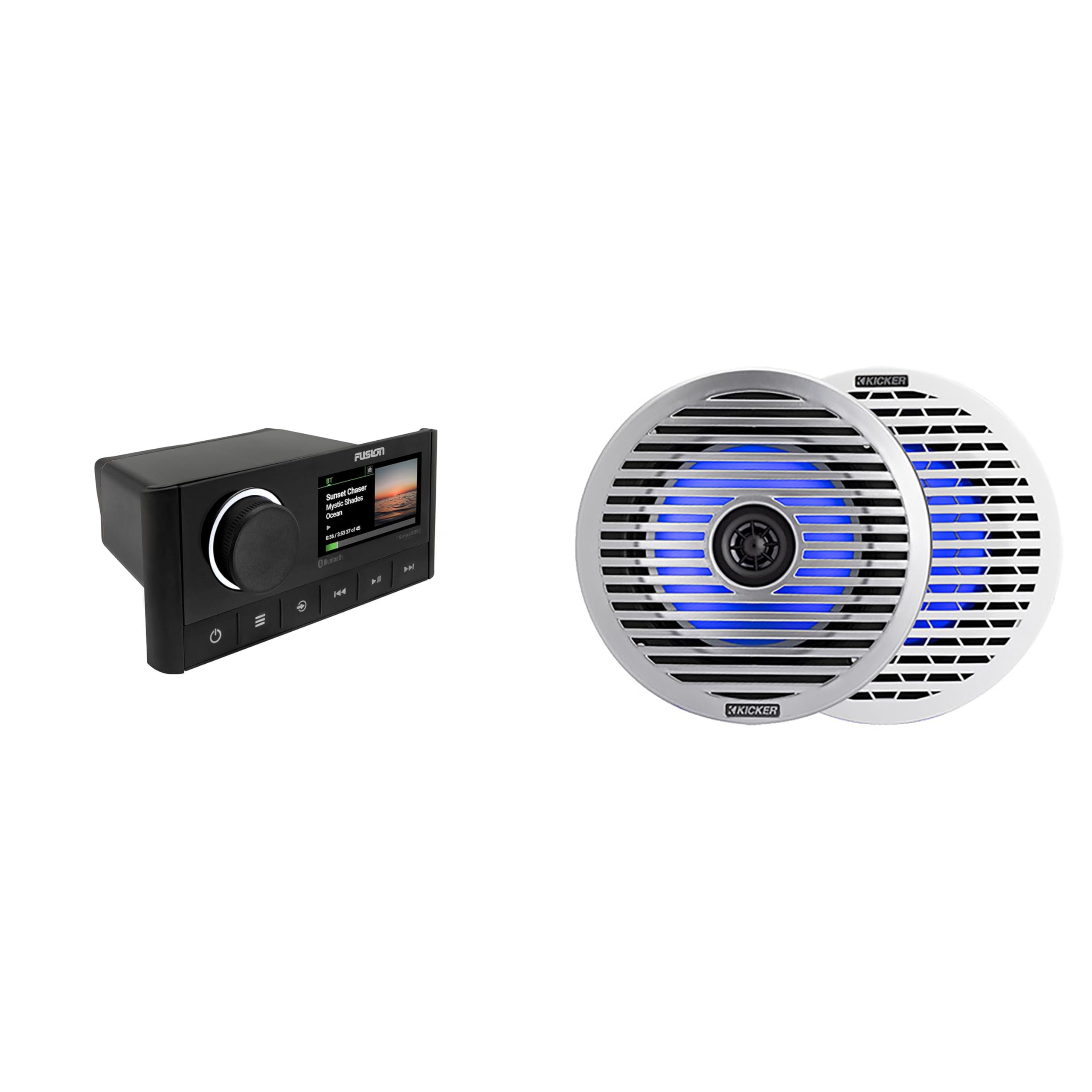 Kicker 51KM614FL 6.5-Inch (165mm) Thin-Mount Marine Coaxial Speakers with RGB LED, 4-Ohm, White & Silver Grilles Included, Bundled with MS-RA670 Apollo Marine Receiver