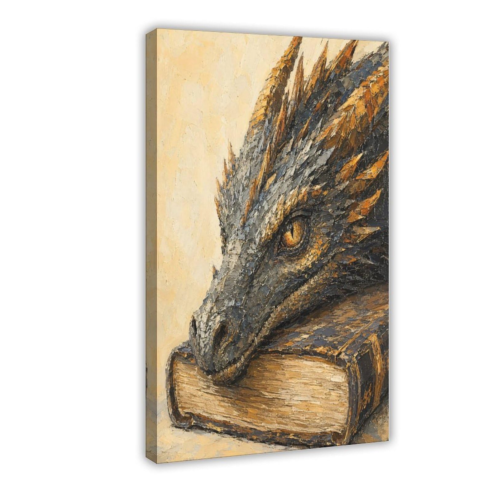W7c8u2x3 Frame-Style-4 Dragon Resting On Book Canvas Wall Art, Fantasy Creature Hallway