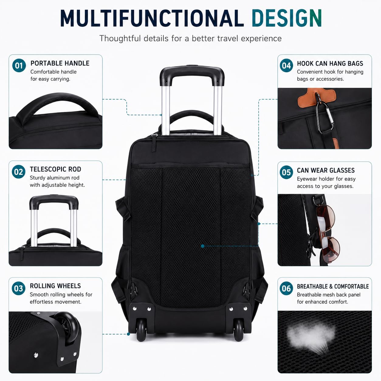 Zaino Trolley Viaggio Grande, Zaino Trolley Viaggio con Ruote per Uomo Donna, Grande Capacità 30L Tessuto Oxford per Outdoor Campeggio Lavoro (Nero)