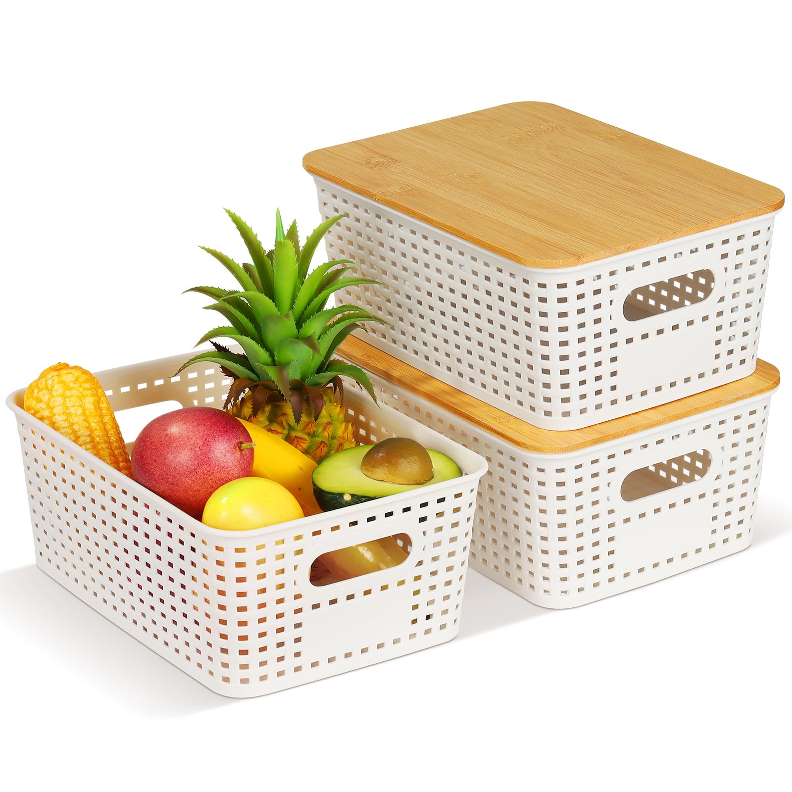 Cajas de almacenamiento con tapa de bambú, 3 unidades de cestas de plástico, apilables, organizador de baño, caja organizadora de ratán para cocina, dormitorio, armario
