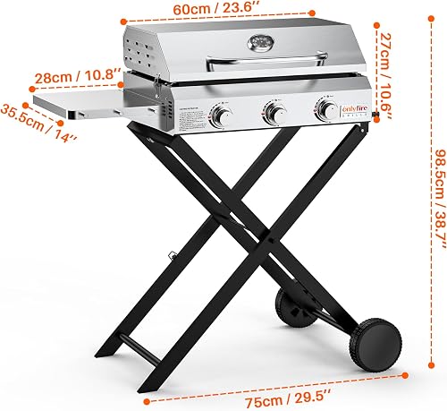 onlyfire BBQ Gas Grill Trolley Plancha 3 Burners Stainless Steel Foldable Trolley Wheels Thermometer Grill Surface 57 x 36 cm 7 kW Outdoor Camping Balcony Garden - 2