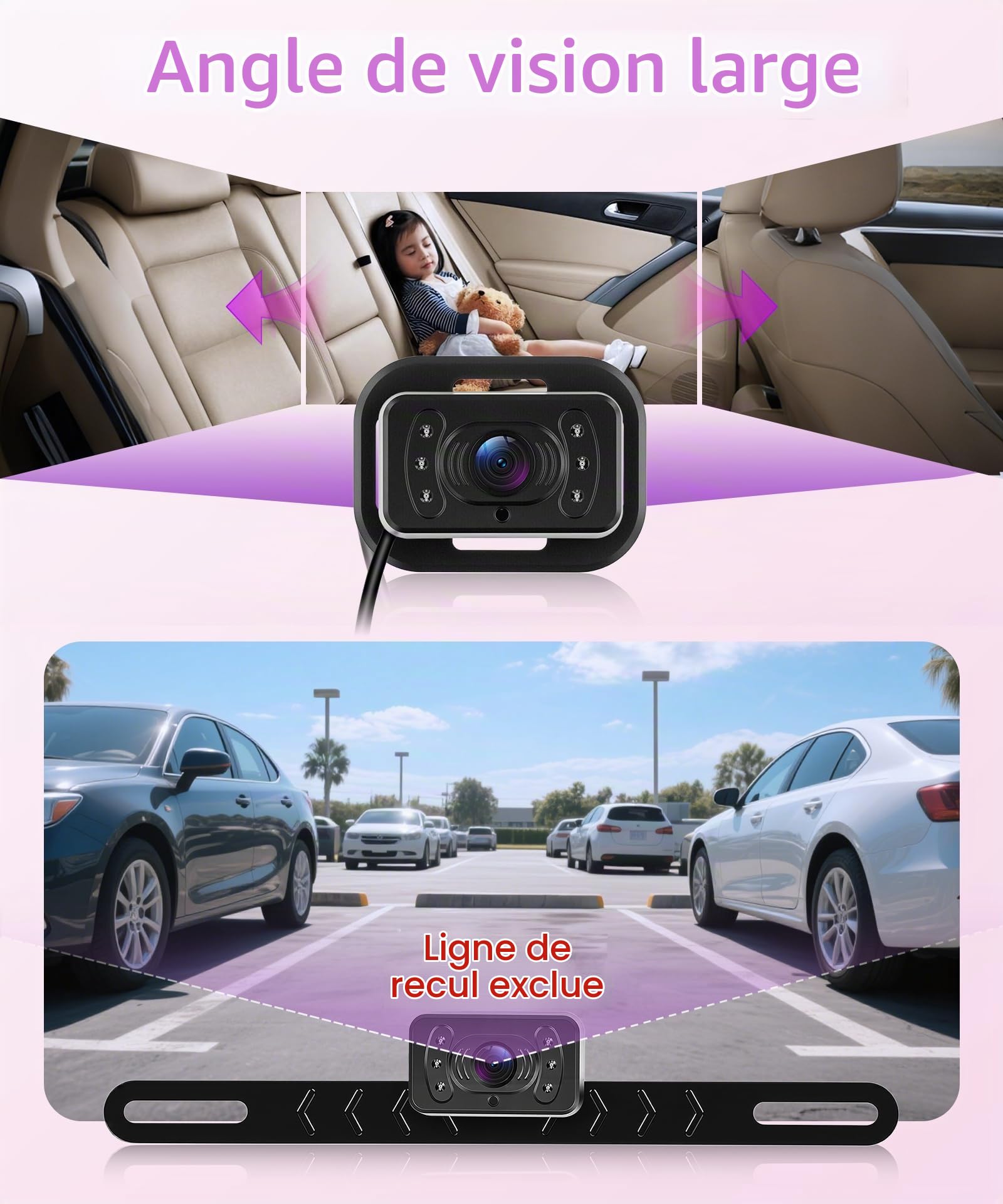 Camera Voiture pour Bébé pour Enfants avec Caméra de Recul de plaque d'immatriculation, 6,86 Pouces Écrans Partagés, Miroir Voiture Bébé 1080P Retroviseur Voiture Bebe Rotative 360° IR Vision Nocturne