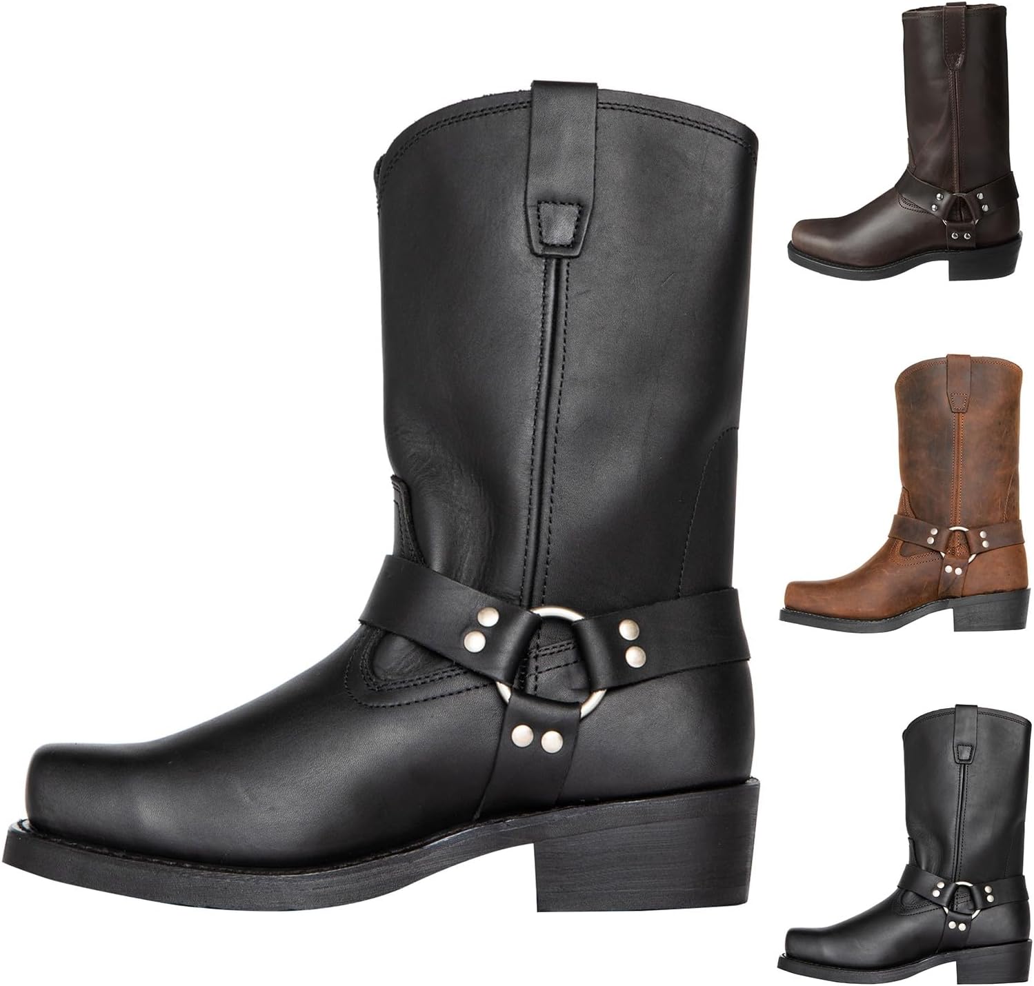 Western Boots Men’s Square Toe Work Boot Pull on Leather Western Cowboy Boots Stacked Heel Pull on Motorcycle Ankle/Calf Length/Tall Boot Footwear