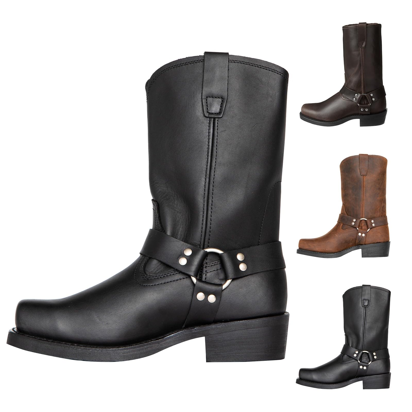 Western Boots Men’s Square Toe Work Boot Pull on Leather Western Cowboy Boots Stacked Heel Pull on Motorcycle Ankle/Calf Length/Tall Boot Footwear