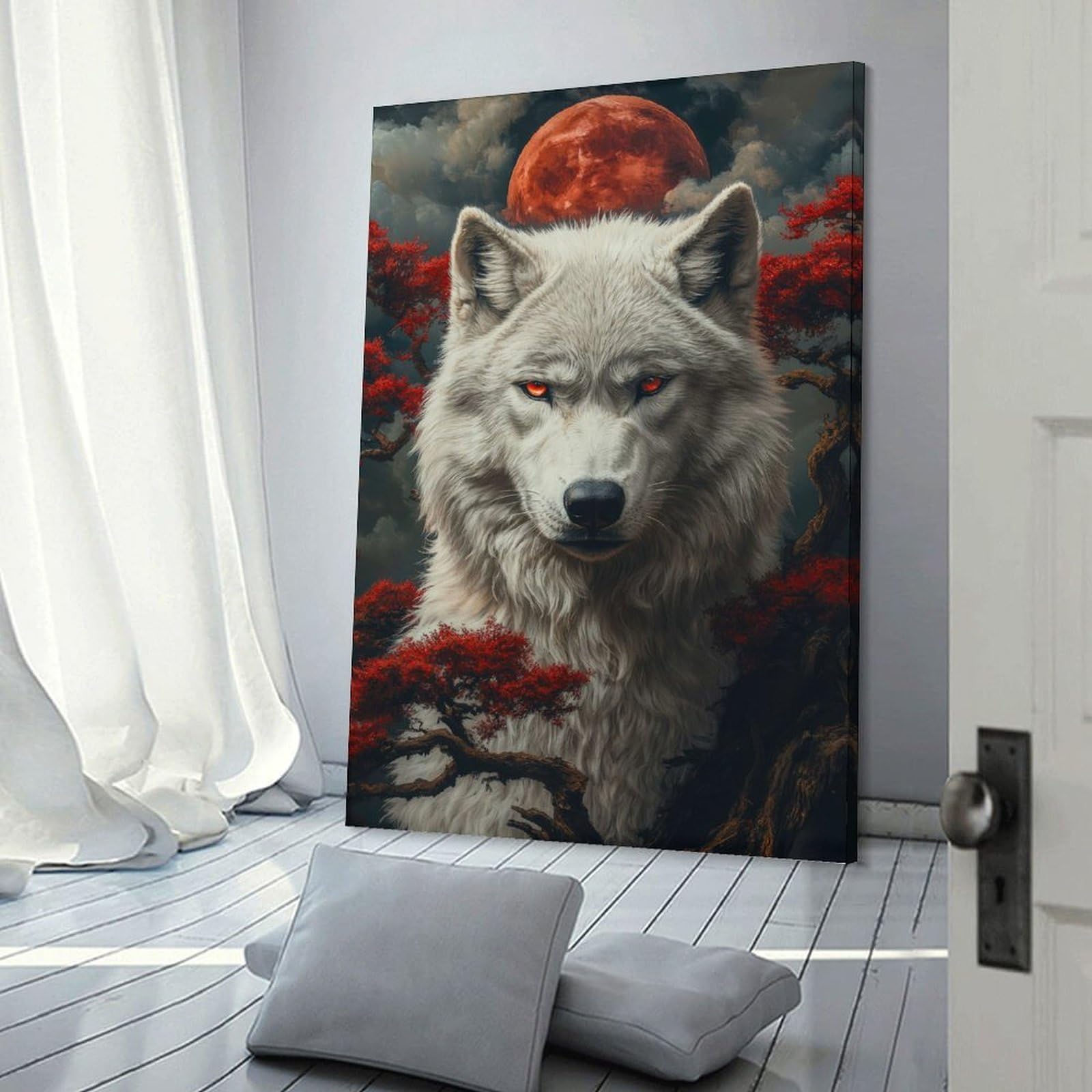 Junmoney White Wolf Under Blood Moon Wall Decor Canvas Print, 08x12inch(20x30cm), for Wall Displays, Bedrooms Or Room Updates, Wall Decor Suited to Curated Displays