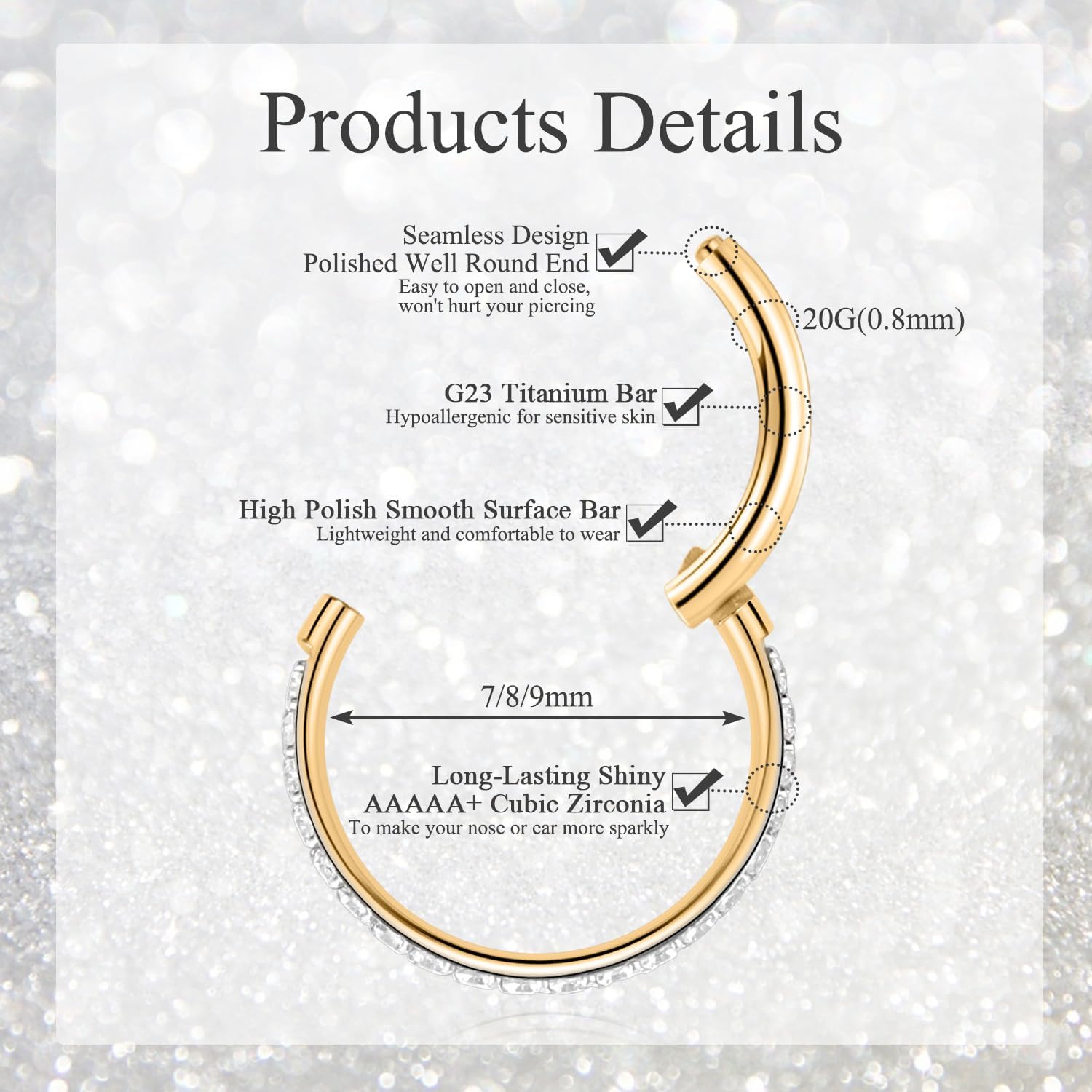 GAGABODY 2Pcs Nose Rings Hoop Seamless Septum Jewelry G23 Titanium Horseshoe Ring 20G Circular Barbell Lip Piercing Jewelry Internally Threaded Ear Piercings - Image 5