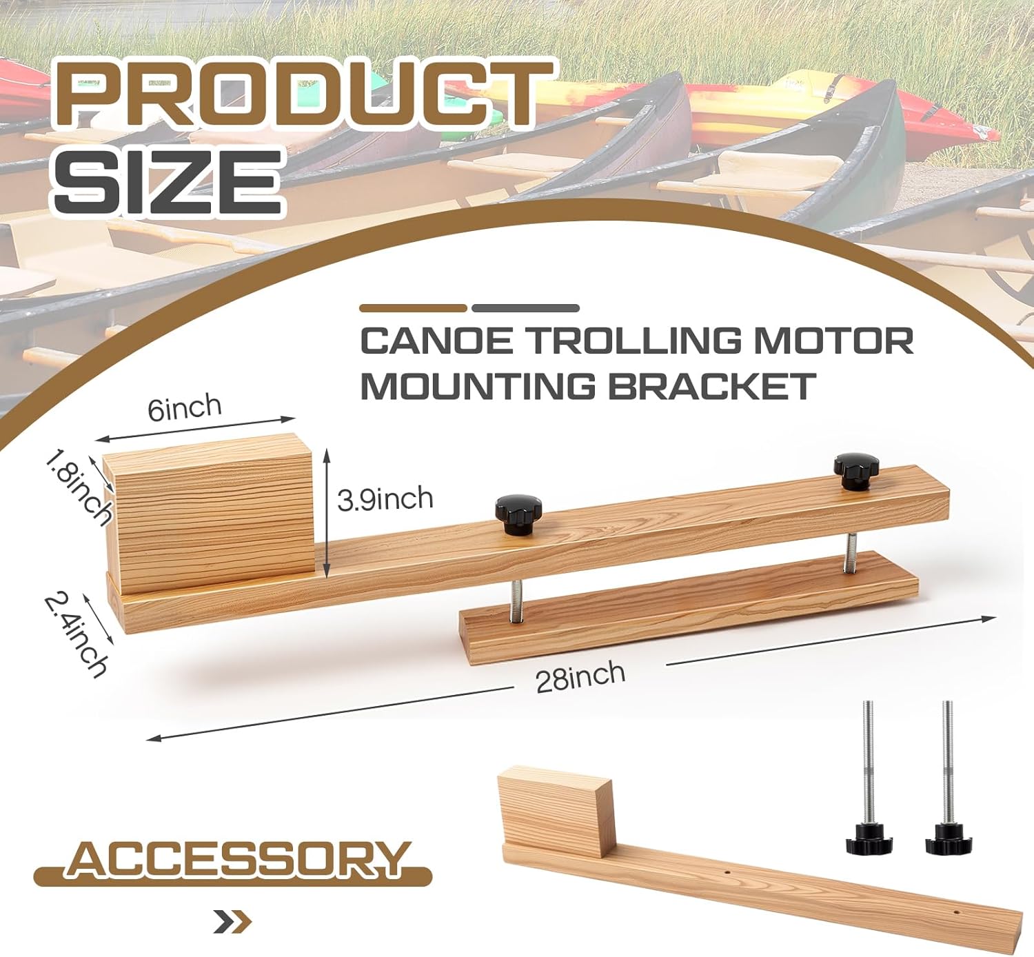 Canoe Trolling Motor Mount, Trolling Mount with Ash Wood Crossbar and Motor Block for Quick and Easy Kayak