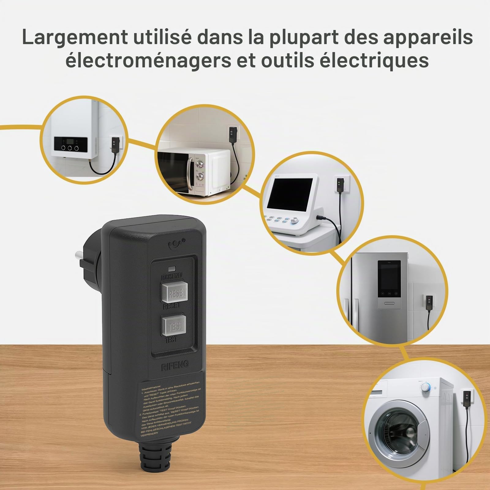 PRCD Fiche de protection personnelle 30 mA, 230 V/16 A, interrupteur FI type A avec IP54, avec temps de déclenchement de 0,1 s pour tondeuse à gazon et atelier