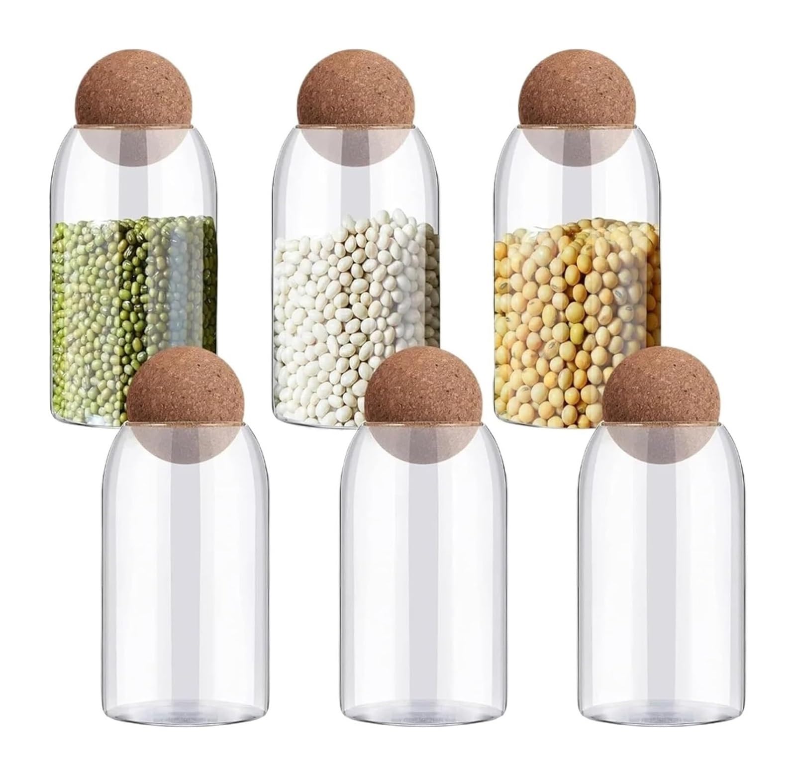 Tarrinas de cristal con tapa, Paquete de 6 tarros vidrio for almacenamiento con tapones bola y tapas corcho, transparentes, 14,8 x 9 cm, frutos secos frutas