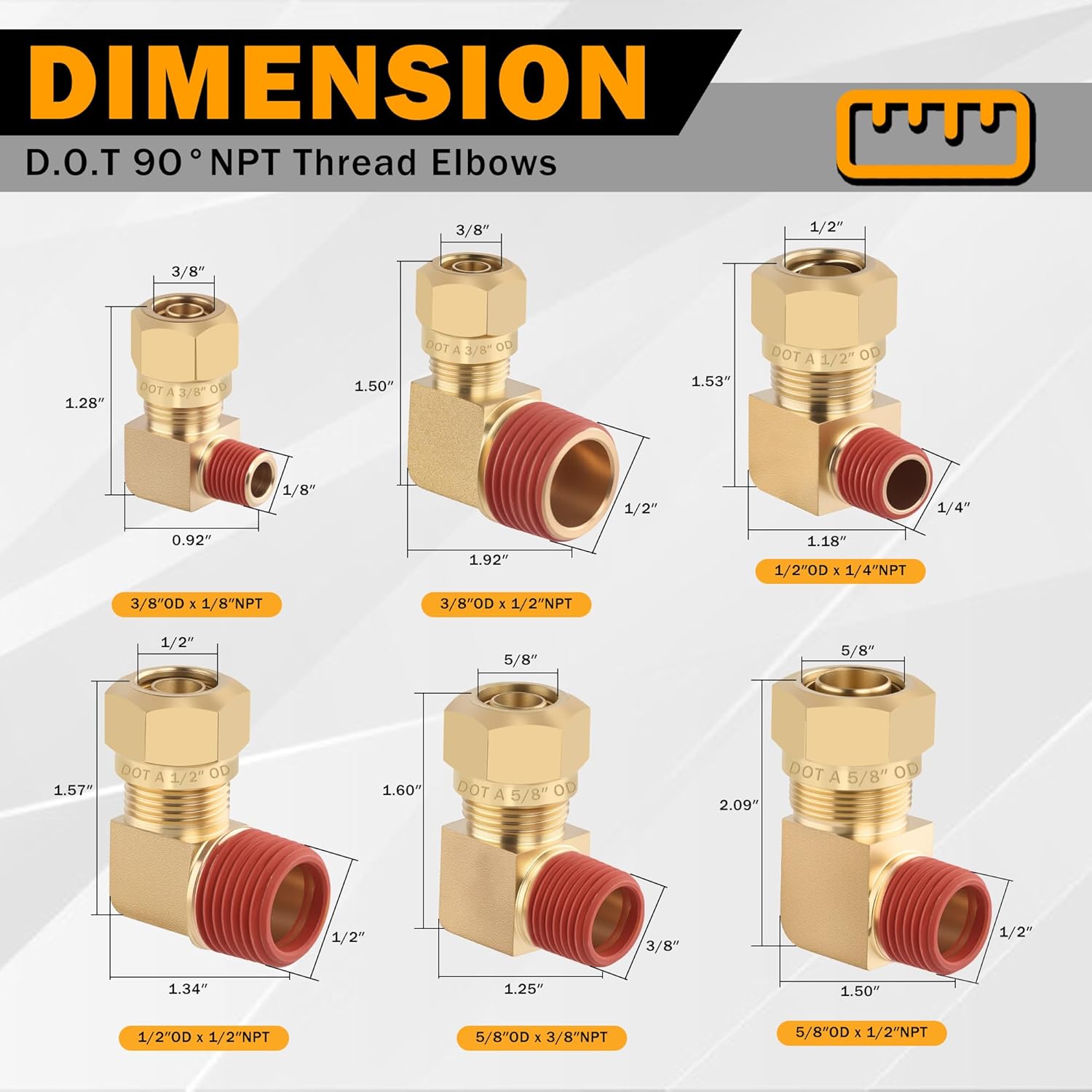 5PCS Air Brake Nylon Tubing Brass 90 Degree Union Elbow Joint DOT Approved 5/8" Tube OD x 1/2" NPT Thread Air Line Adapter Air Suspension Kit for Truck Trailers and Air Brake System