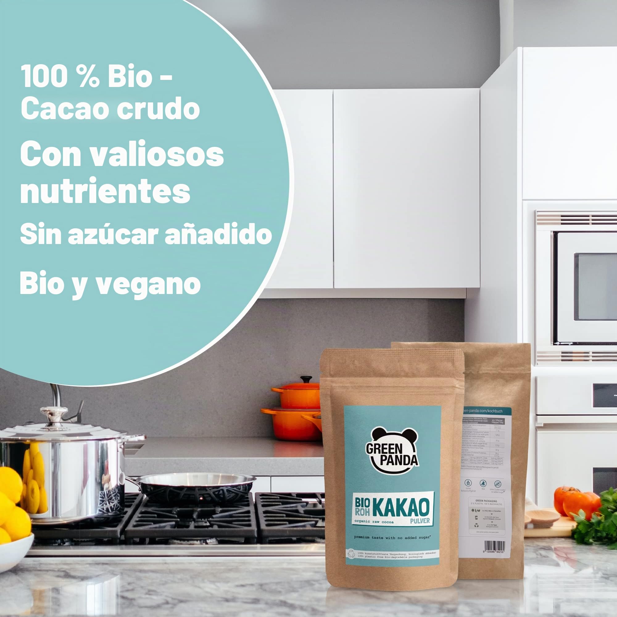 Cacao puro en polvo orgánico de los mejores granos de cacao, cacao en polvo sin azúcar y sin grasa, probado y certificado en laboratorio, Green Panda (1kg (Paquete de 1))