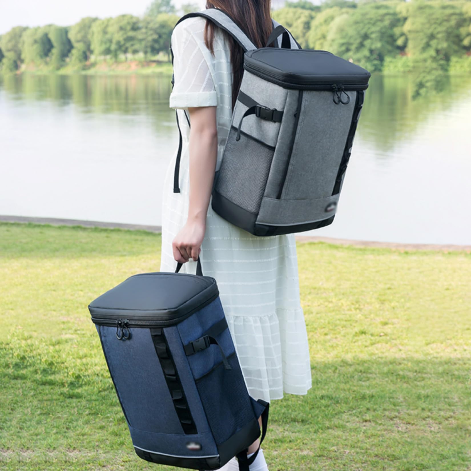 Bolsa Nevera Portátil, Bolsa Picnic Gran Capacidad, Forrada PEVA, 31 * 18 * 43 cm, Gris, Azul