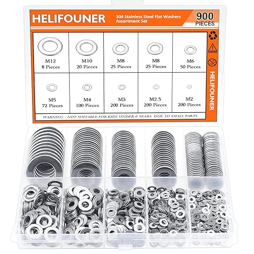 900 arandelas planas de acero inoxidable 304 para tornillos, kit surtido de arandelas metálicas de bloqueo (M2 M2.5 M3 M4 M5 M6 M8 M10 M12)