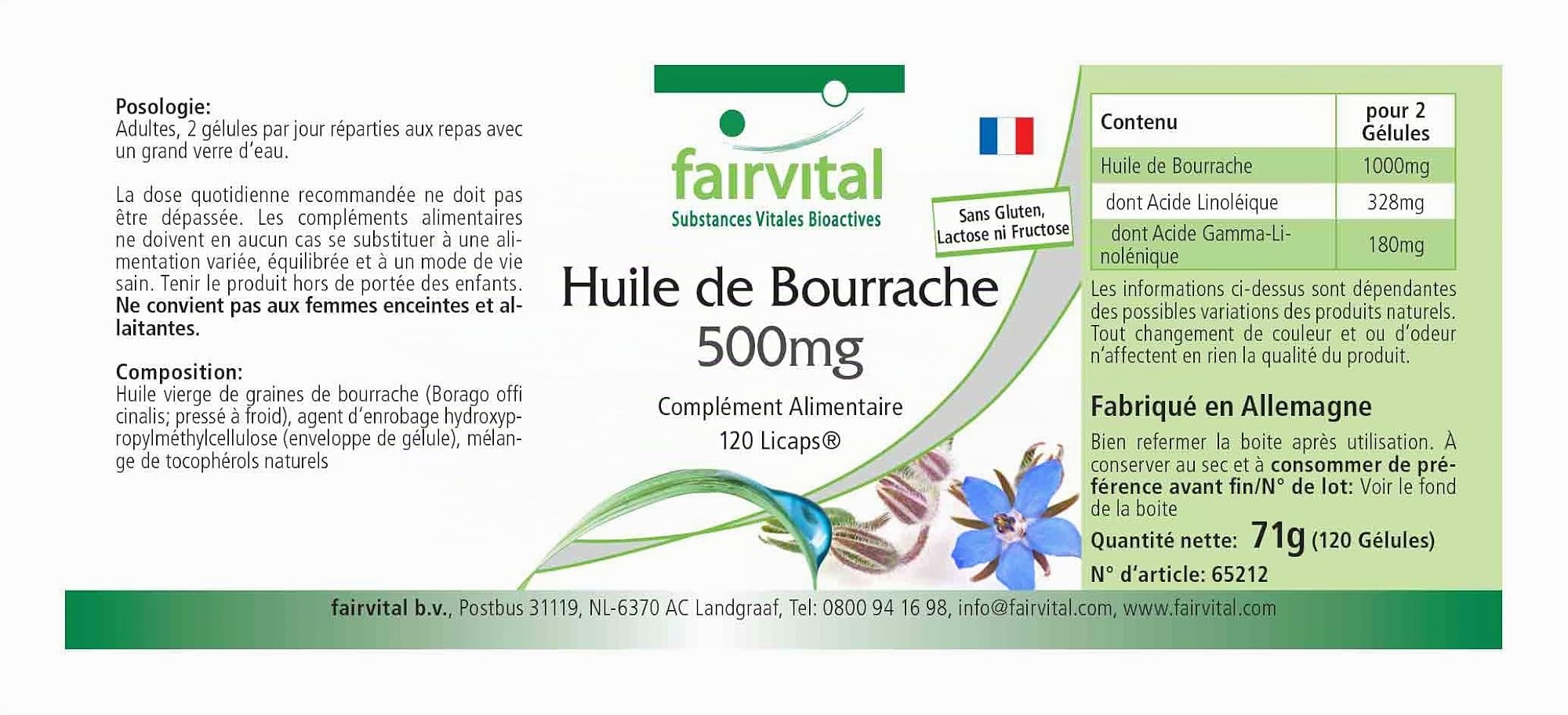 fairvital Capsules d'huile de bourrache 500mg, 120 LiCaps®, faciles à avaler, HAUTEMENT DOSÉES, pressées à froid, riches en acide gamma-linolénique (oméga-6), VÉGÉTALIENNES