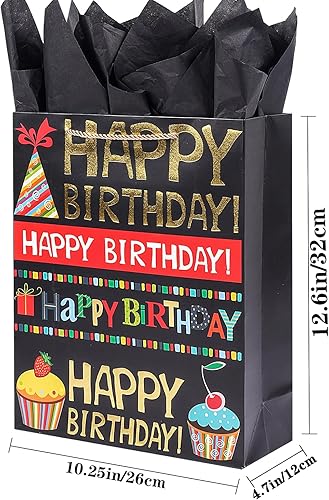 Miniatura 2 de Jaywayang 12.6" Bolsa grande de regalo de feliz cumpleaños con tarjeta y papel de seda (negro)