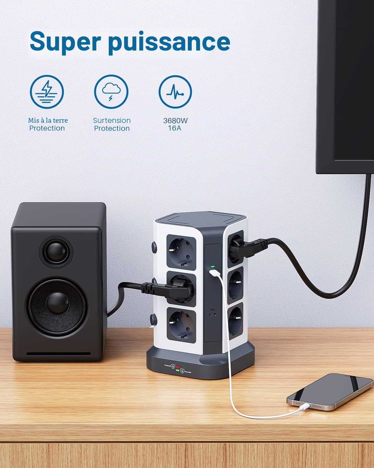 KOOSLA Bloc Multiprise 65W PD, 12 Prises, 2M, Gris Foncé