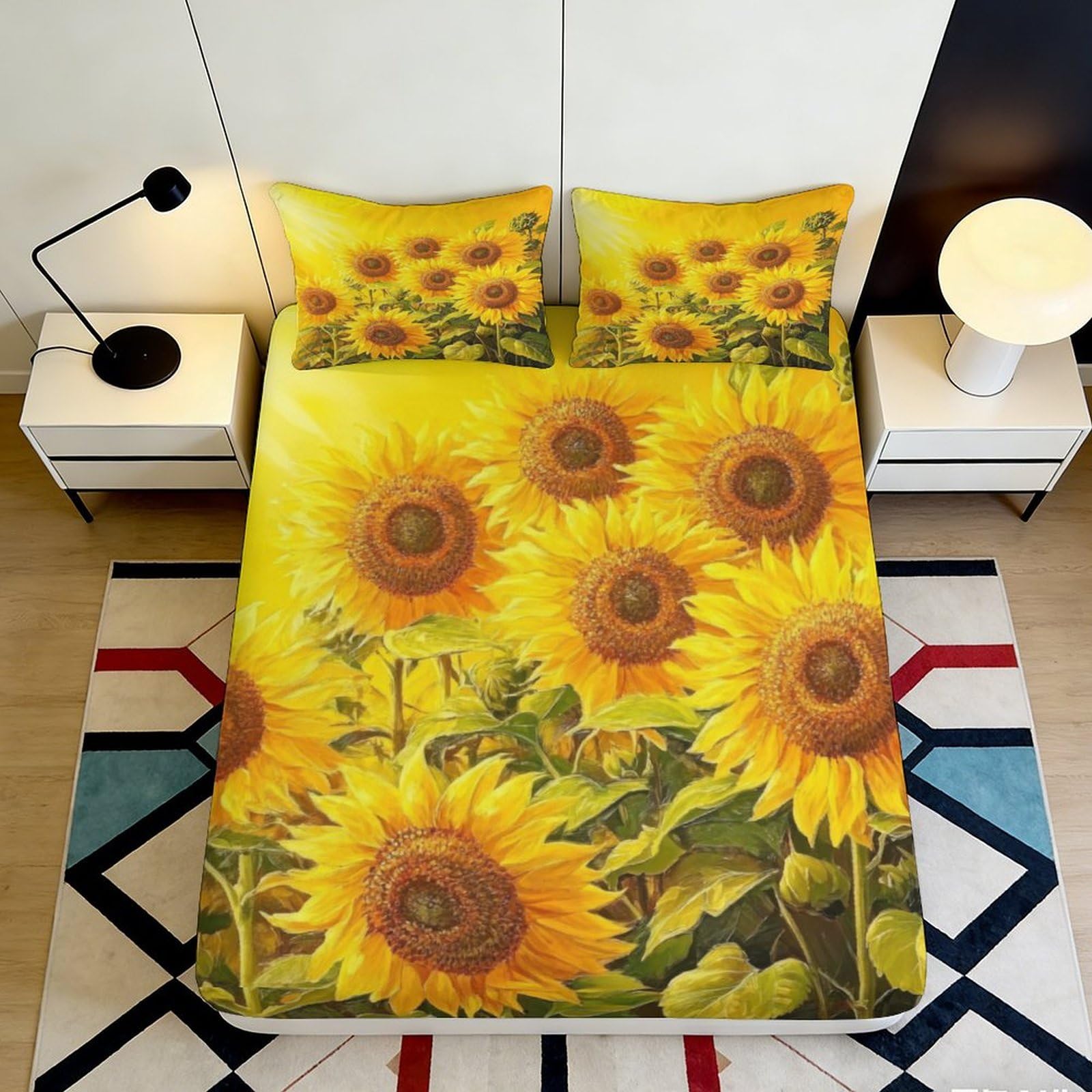 Uynsixtme Style-9 3D Printed Sunflower Fitted Sheet Microfiber Deep Pocket Non-Slip Bedroom Bedding Sunflower Mattress Fitted Cover For Adults 140X200x25cm