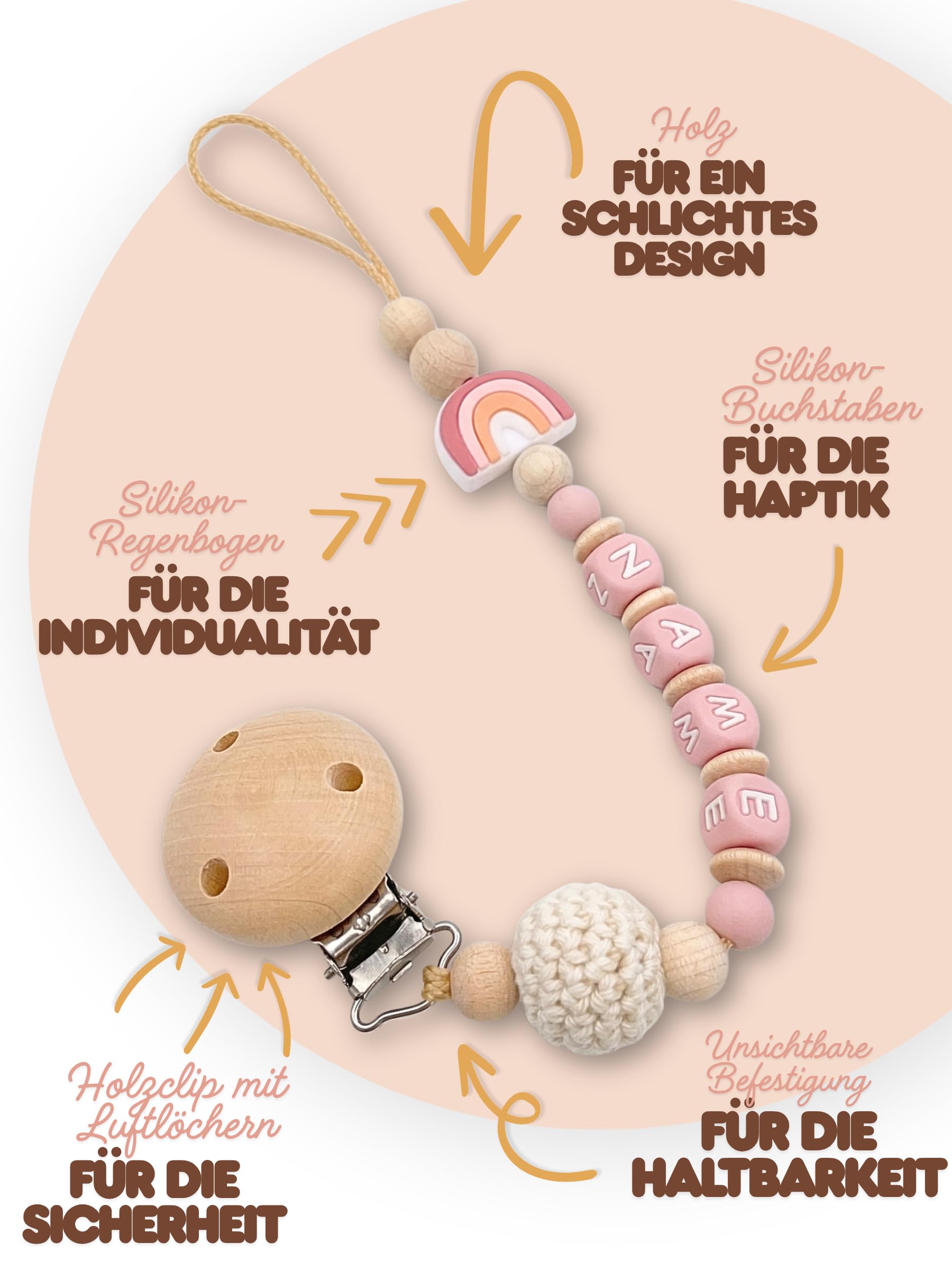 Schnullerkettenwelt Schnullerkette mit Namen - personalisiert aus Silikon und Holz für Baby Mädchen & Jungen mit Wunschname (Rosa) - 3
